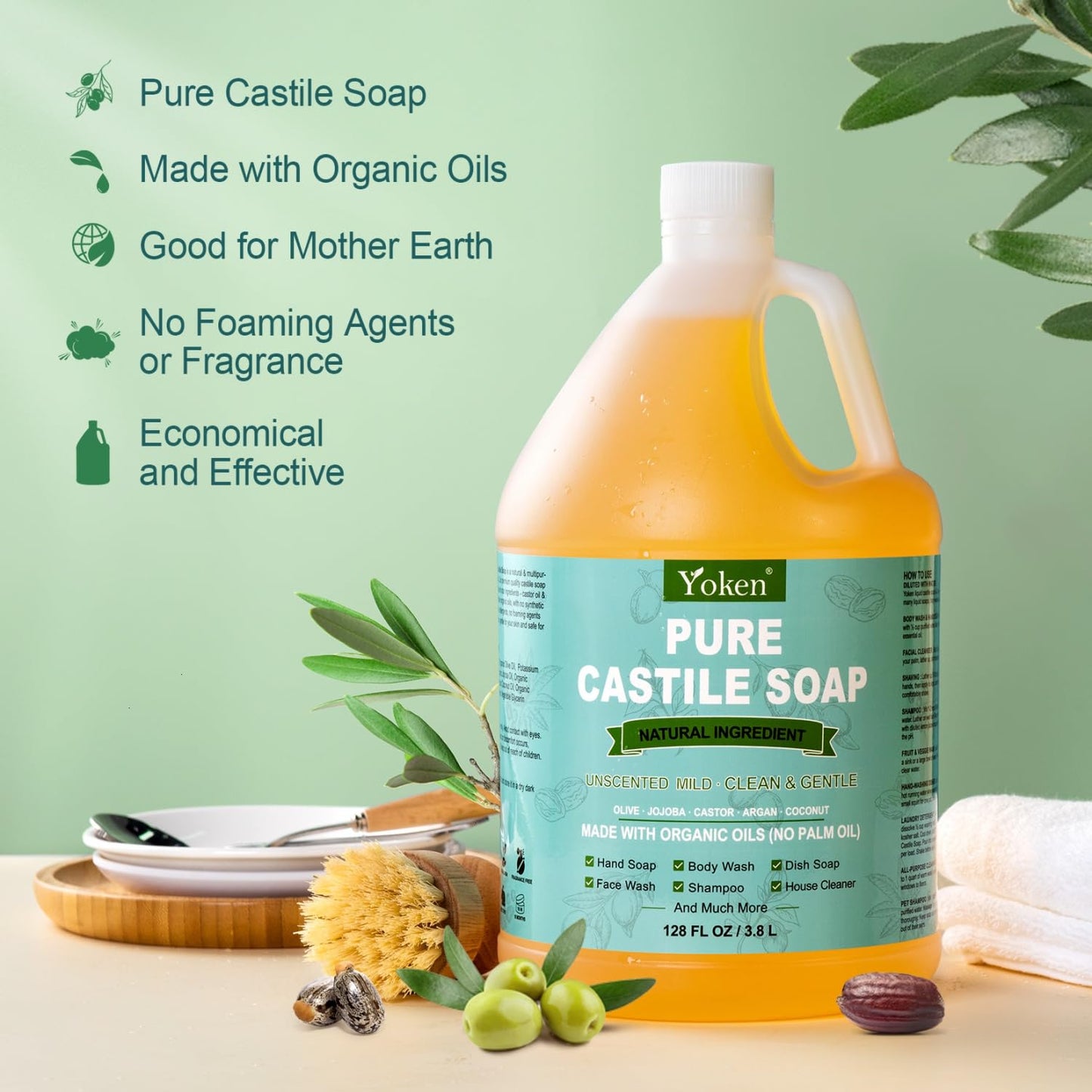 Yoken Peppermint Castile Soap Liquid (EWG Verified, 32 OZ) Made with Certified Organic Oils, Gentle Peppermint Soap for Body Wash, Face, Hands, Dishes, Laundry & More, Vegan Natural Versatile Cleanser