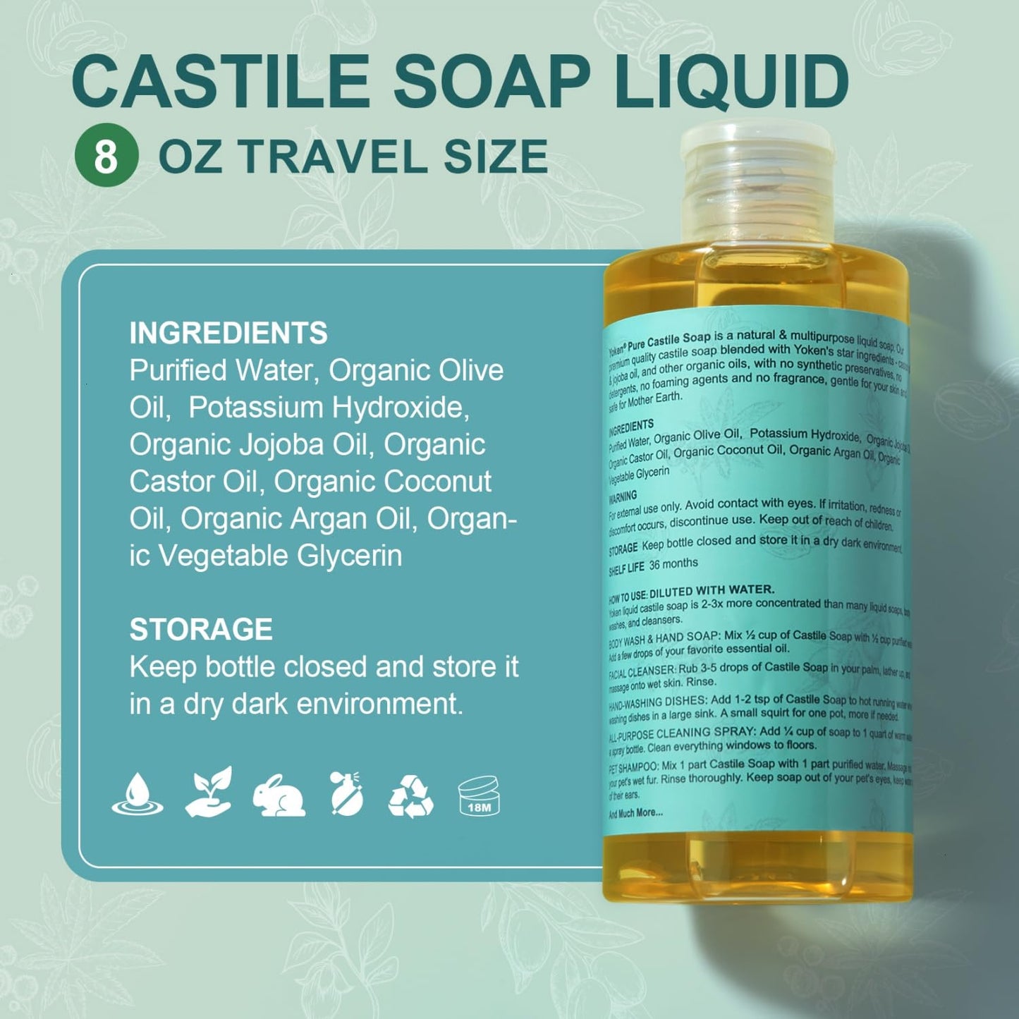 Yoken Peppermint Castile Soap Liquid (EWG Verified, 32 OZ) Made with Certified Organic Oils, Gentle Peppermint Soap for Body Wash, Face, Hands, Dishes, Laundry & More, Vegan Natural Versatile Cleanser
