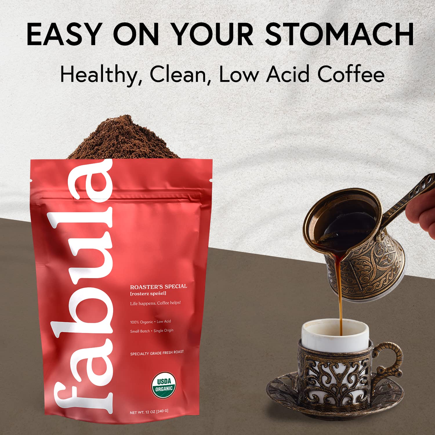 Fabula Low Acid Coffee, USDA Organic Ground Coffee Medium Roast - Non GMO - No Molds - Mycotoxins Pesticides Free - Single Origin Coffee - 12 oz