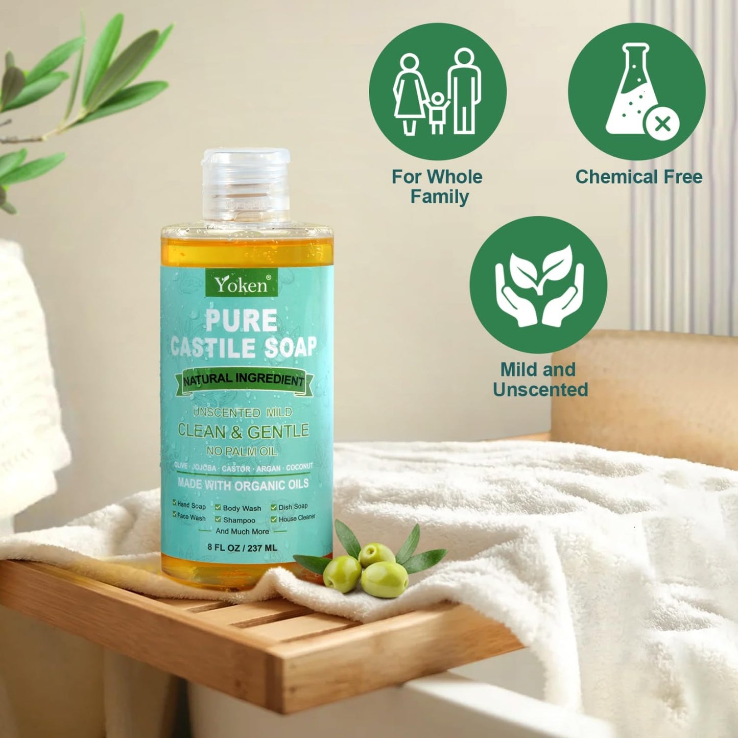 Yoken Peppermint Castile Soap Liquid (EWG Verified, 32 OZ) Made with Certified Organic Oils, Gentle Peppermint Soap for Body Wash, Face, Hands, Dishes, Laundry & More, Vegan Natural Versatile Cleanser