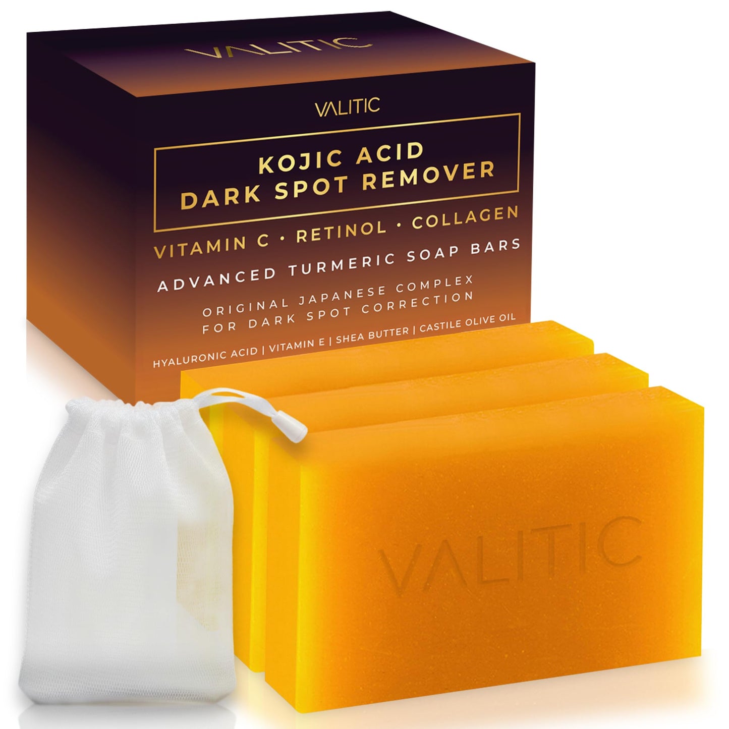 Valitic Kojic Acid Dark Spot Remover Soap Bar with Vitamin C, Retinol, Collagen, Turmeric - Original Japanese Complex - Hyaluronic Acid, Vitamin E, Shea Butter, Castile Oil ( 4 Pack ) With Soap Holder