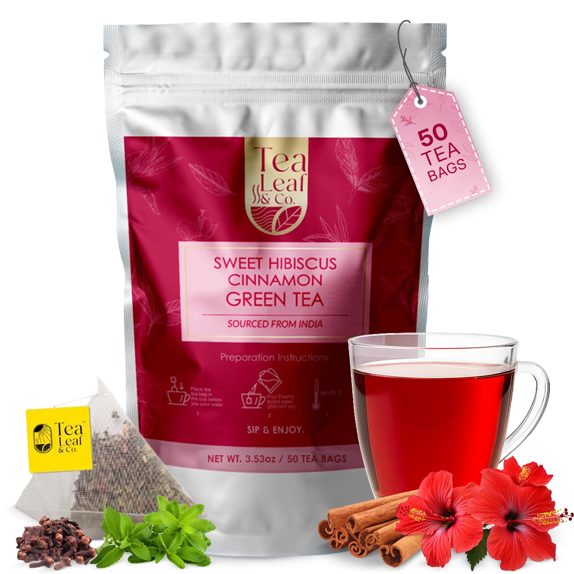Tea Leaf & Co. Mint Green Tea Bags (50), Green Tea w/ Peppermint & Spearmint, Caffeinated, Real & Natural Green Tea, Blended with Fresh Herbs & Spices