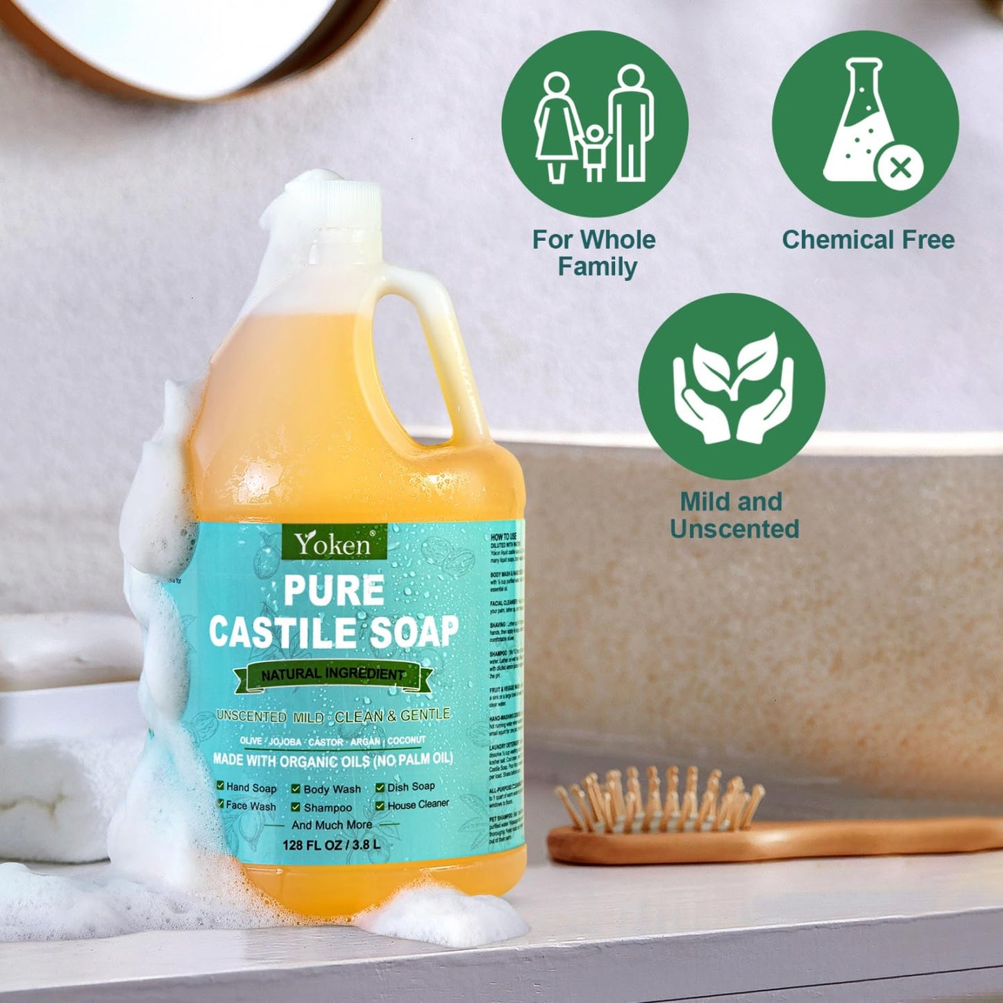 Yoken Peppermint Castile Soap Liquid (EWG Verified, 32 OZ) Made with Certified Organic Oils, Gentle Peppermint Soap for Body Wash, Face, Hands, Dishes, Laundry & More, Vegan Natural Versatile Cleanser