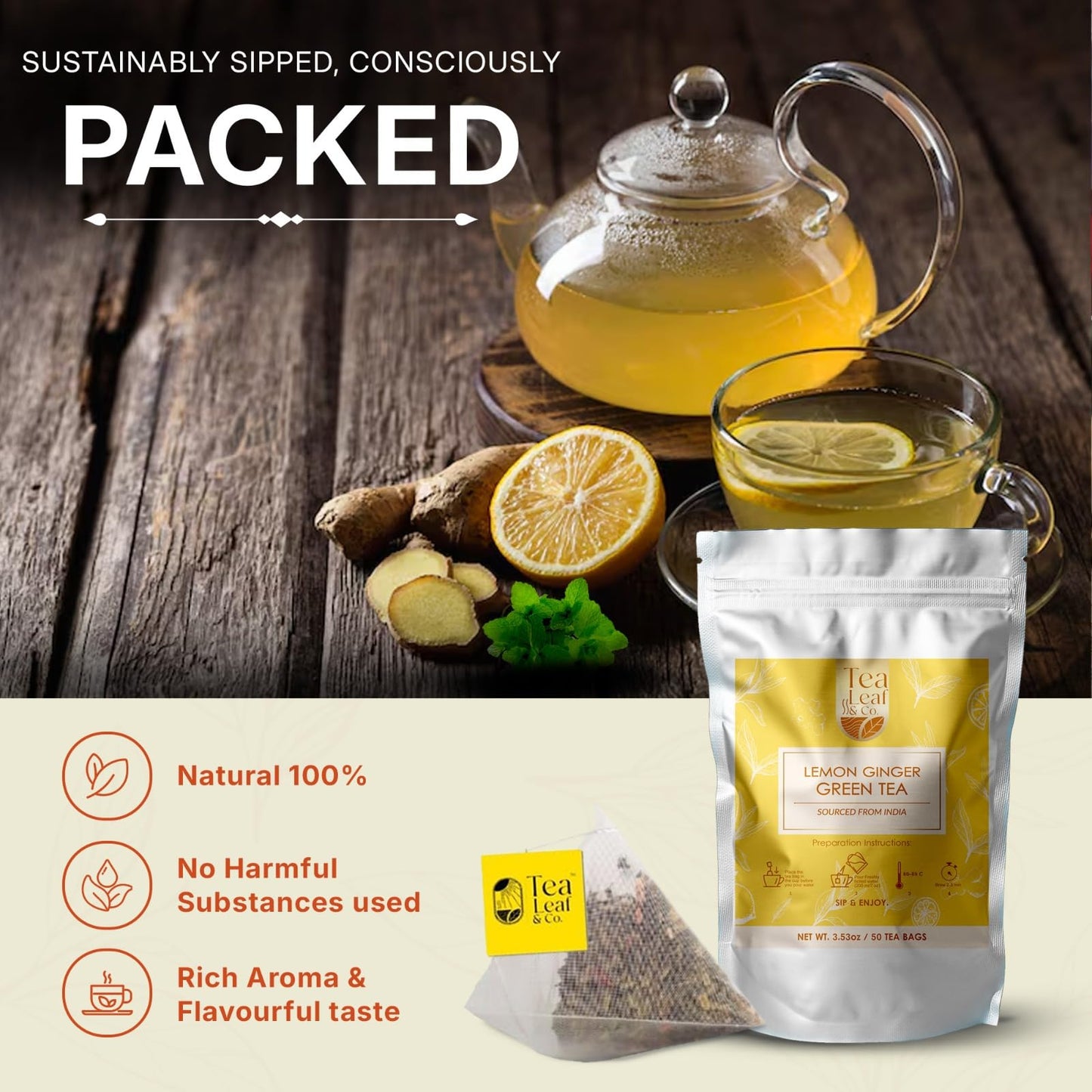 Tea Leaf & Co. Mint Green Tea Bags (50), Green Tea w/ Peppermint & Spearmint, Caffeinated, Real & Natural Green Tea, Blended with Fresh Herbs & Spices