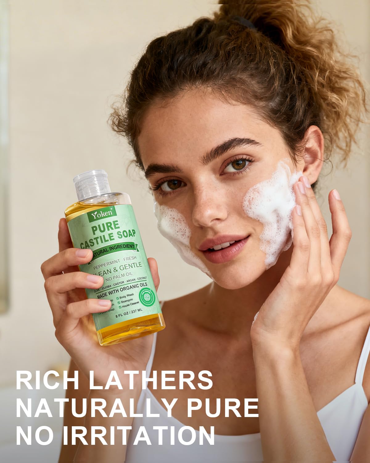 Yoken Peppermint Castile Soap Liquid (EWG Verified, 32 OZ) Made with Certified Organic Oils, Gentle Peppermint Soap for Body Wash, Face, Hands, Dishes, Laundry & More, Vegan Natural Versatile Cleanser