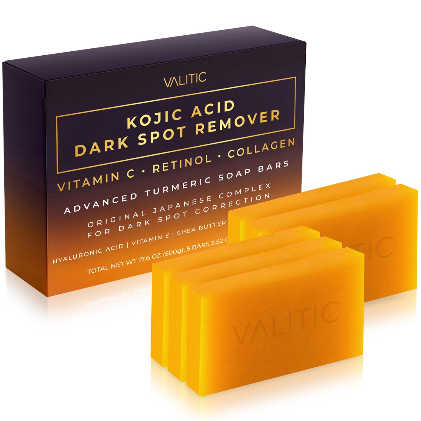 Valitic Kojic Acid Dark Spot Remover Soap Bar with Vitamin C, Retinol, Collagen, Turmeric - Original Japanese Complex - Hyaluronic Acid, Vitamin E, Shea Butter, Castile Oil ( 4 Pack ) With Soap Holder