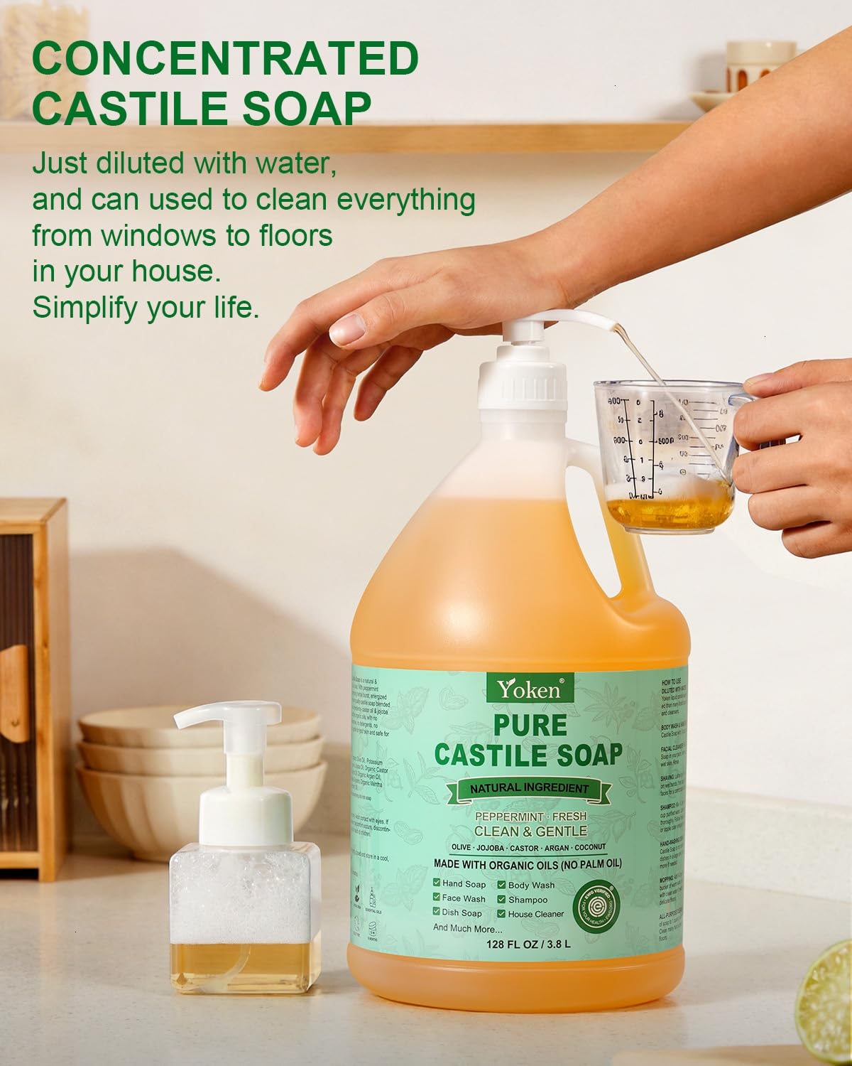Yoken Peppermint Castile Soap Liquid (EWG Verified, 32 OZ) Made with Certified Organic Oils, Gentle Peppermint Soap for Body Wash, Face, Hands, Dishes, Laundry & More, Vegan Natural Versatile Cleanser