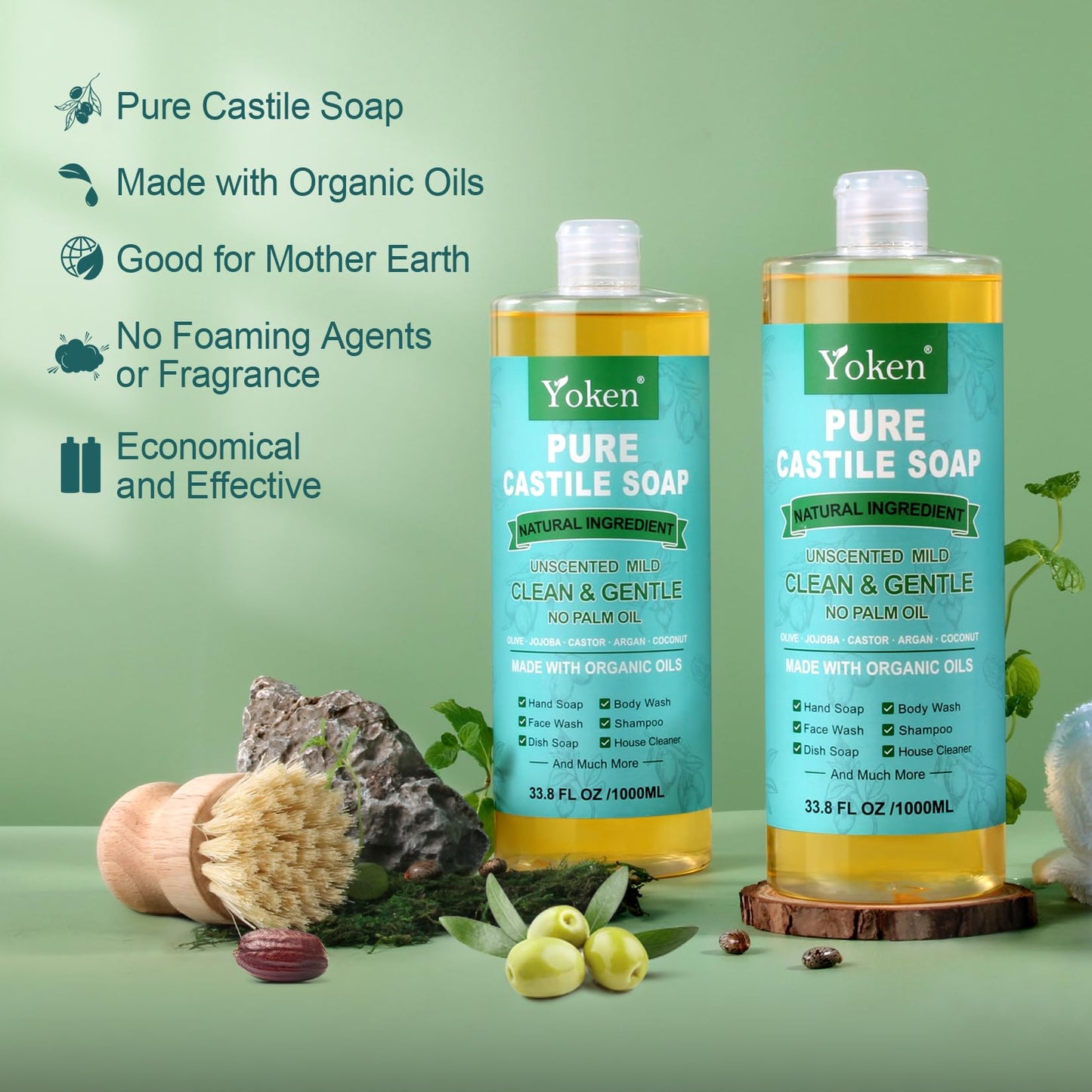 Yoken Peppermint Castile Soap Liquid (EWG Verified, 32 OZ) Made with Certified Organic Oils, Gentle Peppermint Soap for Body Wash, Face, Hands, Dishes, Laundry & More, Vegan Natural Versatile Cleanser