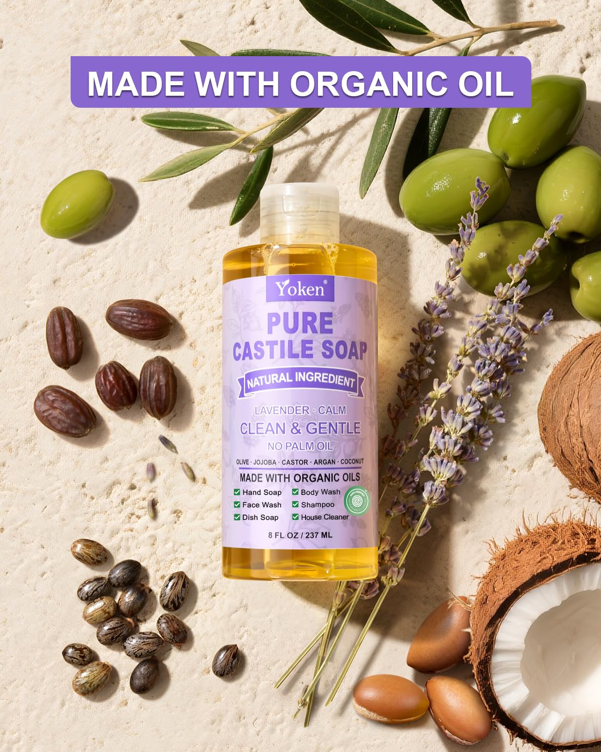 Yoken Peppermint Castile Soap Liquid (EWG Verified, 32 OZ) Made with Certified Organic Oils, Gentle Peppermint Soap for Body Wash, Face, Hands, Dishes, Laundry & More, Vegan Natural Versatile Cleanser
