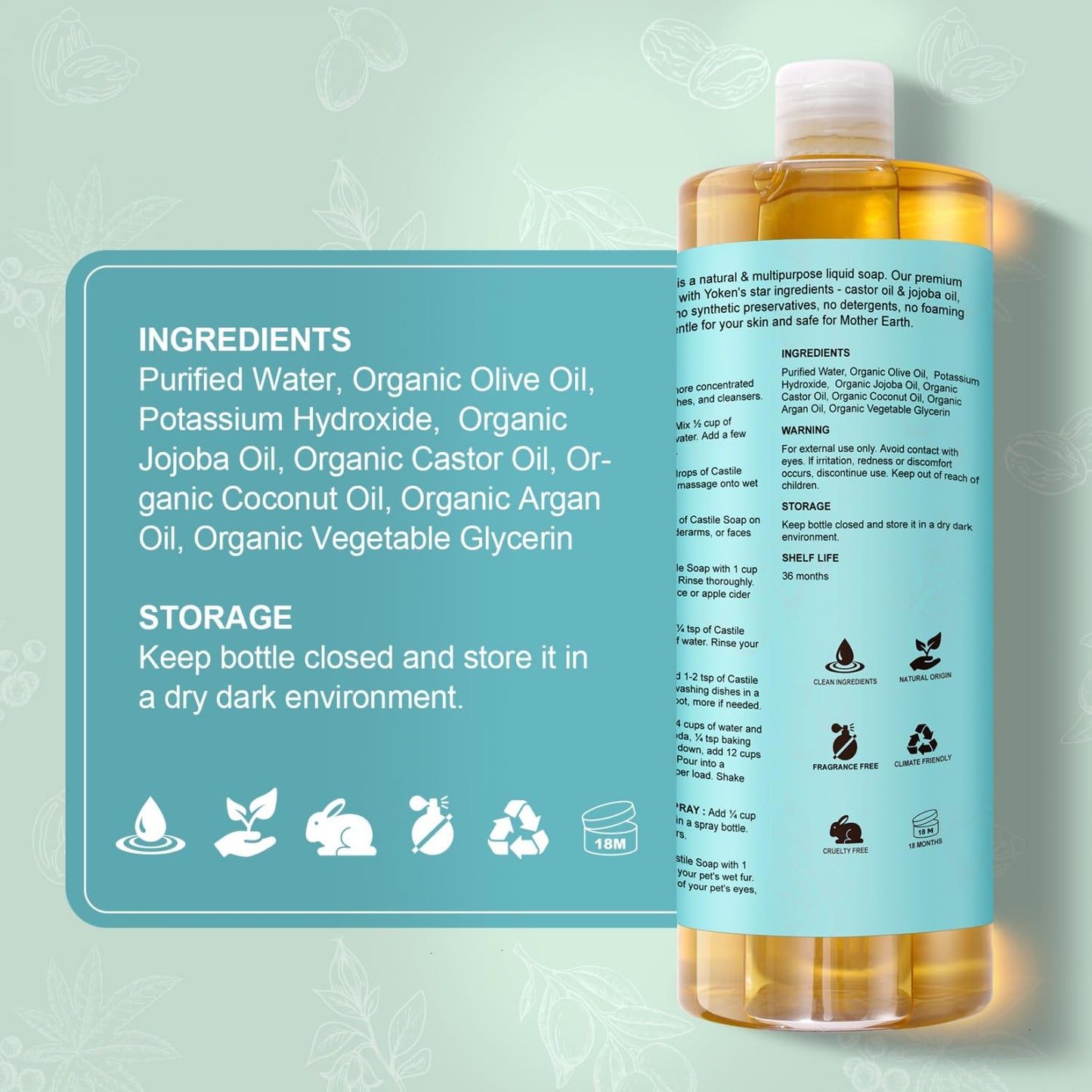 Yoken Peppermint Castile Soap Liquid (EWG Verified, 32 OZ) Made with Certified Organic Oils, Gentle Peppermint Soap for Body Wash, Face, Hands, Dishes, Laundry & More, Vegan Natural Versatile Cleanser