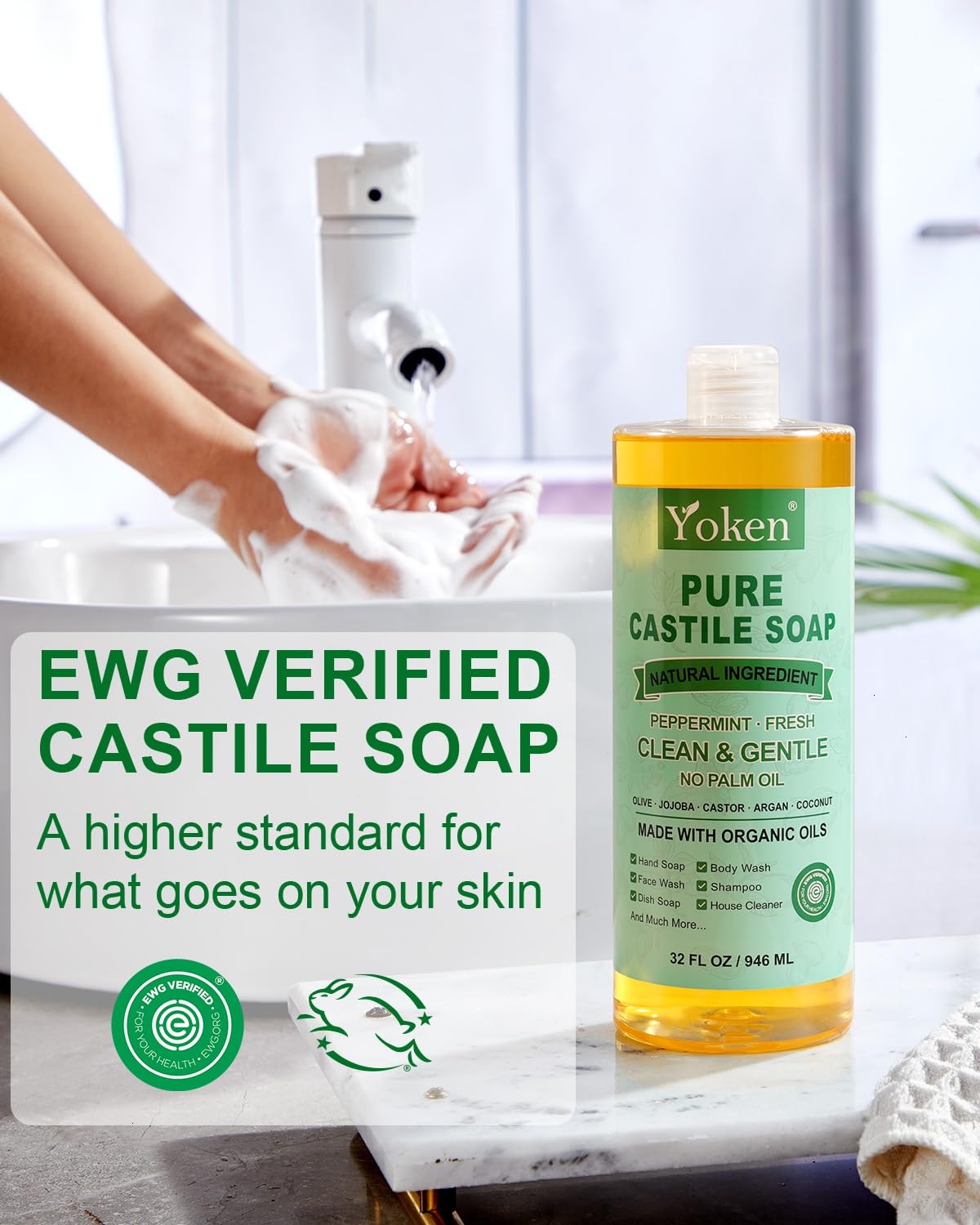 Yoken Peppermint Castile Soap Liquid (EWG Verified, 32 OZ) Made with Certified Organic Oils, Gentle Peppermint Soap for Body Wash, Face, Hands, Dishes, Laundry & More, Vegan Natural Versatile Cleanser