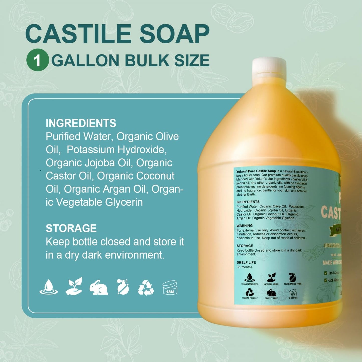 Yoken Peppermint Castile Soap Liquid (EWG Verified, 32 OZ) Made with Certified Organic Oils, Gentle Peppermint Soap for Body Wash, Face, Hands, Dishes, Laundry & More, Vegan Natural Versatile Cleanser