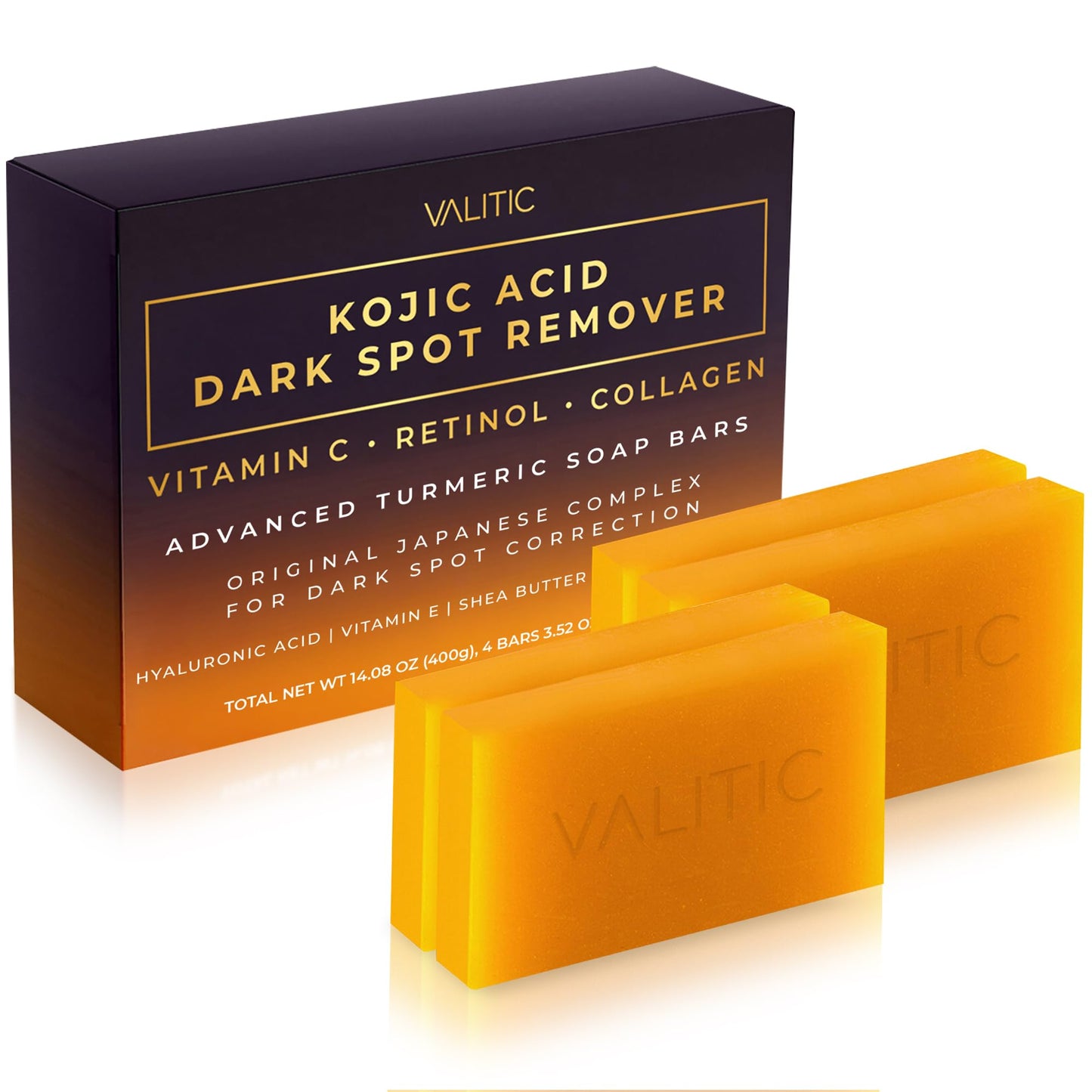 Valitic Kojic Acid Dark Spot Remover Soap Bar with Vitamin C, Retinol, Collagen, Turmeric - Original Japanese Complex - Hyaluronic Acid, Vitamin E, Shea Butter, Castile Oil ( 4 Pack ) With Soap Holder