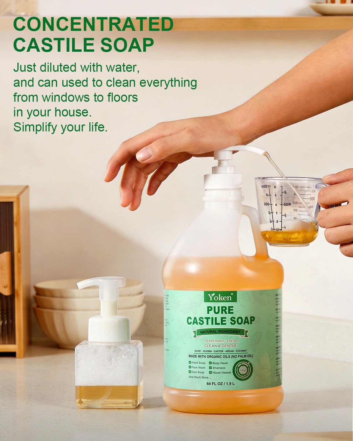 Yoken Peppermint Castile Soap Liquid (EWG Verified, 32 OZ) Made with Certified Organic Oils, Gentle Peppermint Soap for Body Wash, Face, Hands, Dishes, Laundry & More, Vegan Natural Versatile Cleanser