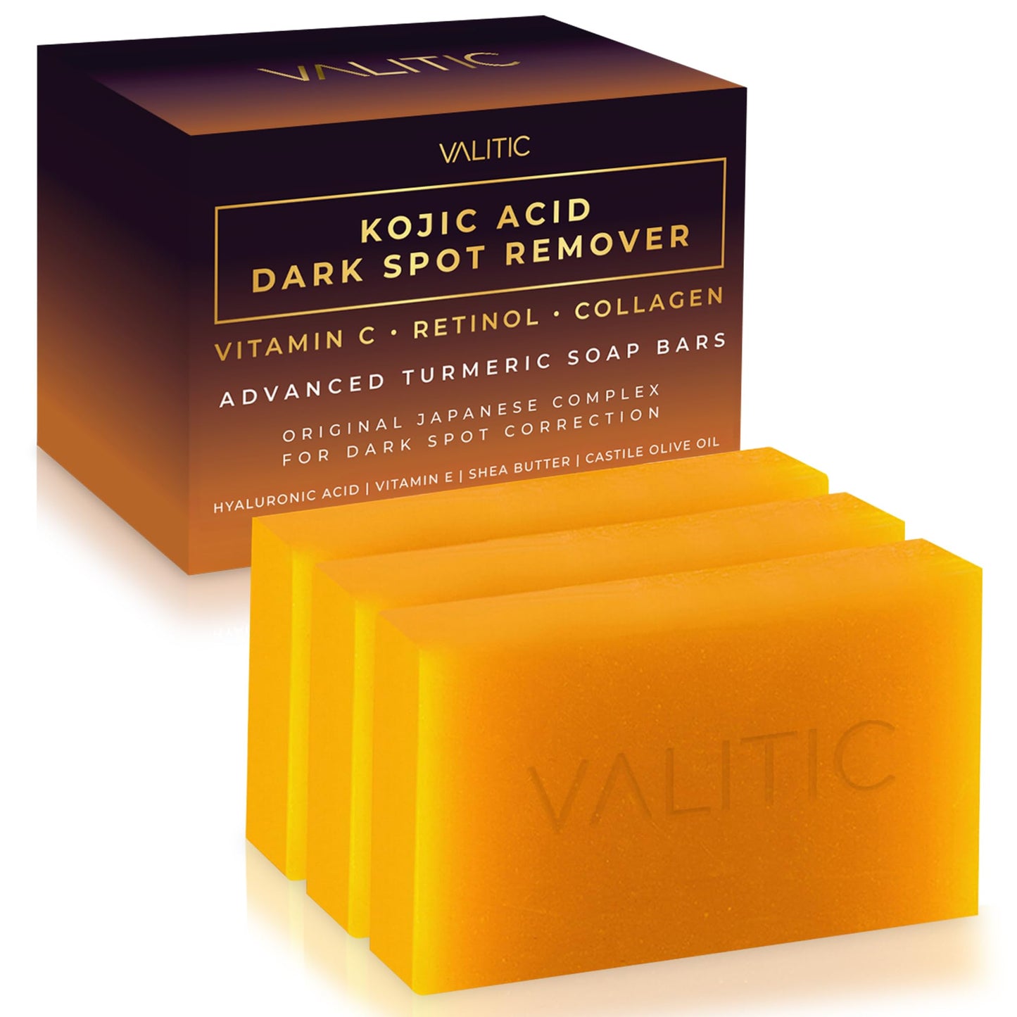 Valitic Kojic Acid Dark Spot Remover Soap Bar with Vitamin C, Retinol, Collagen, Turmeric - Original Japanese Complex - Hyaluronic Acid, Vitamin E, Shea Butter, Castile Oil ( 4 Pack ) With Soap Holder