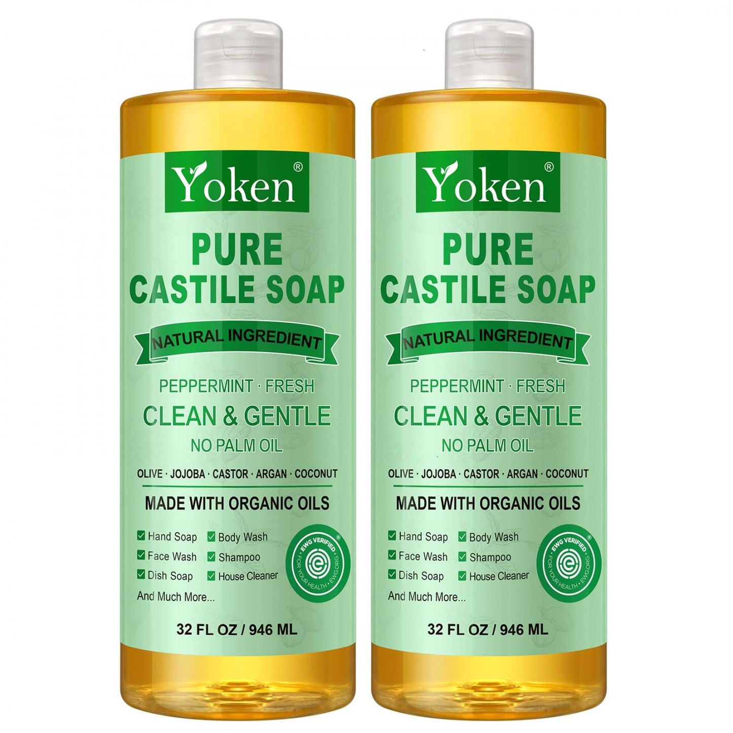 Yoken Peppermint Castile Soap Liquid (EWG Verified, 32 OZ) Made with Certified Organic Oils, Gentle Peppermint Soap for Body Wash, Face, Hands, Dishes, Laundry & More, Vegan Natural Versatile Cleanser
