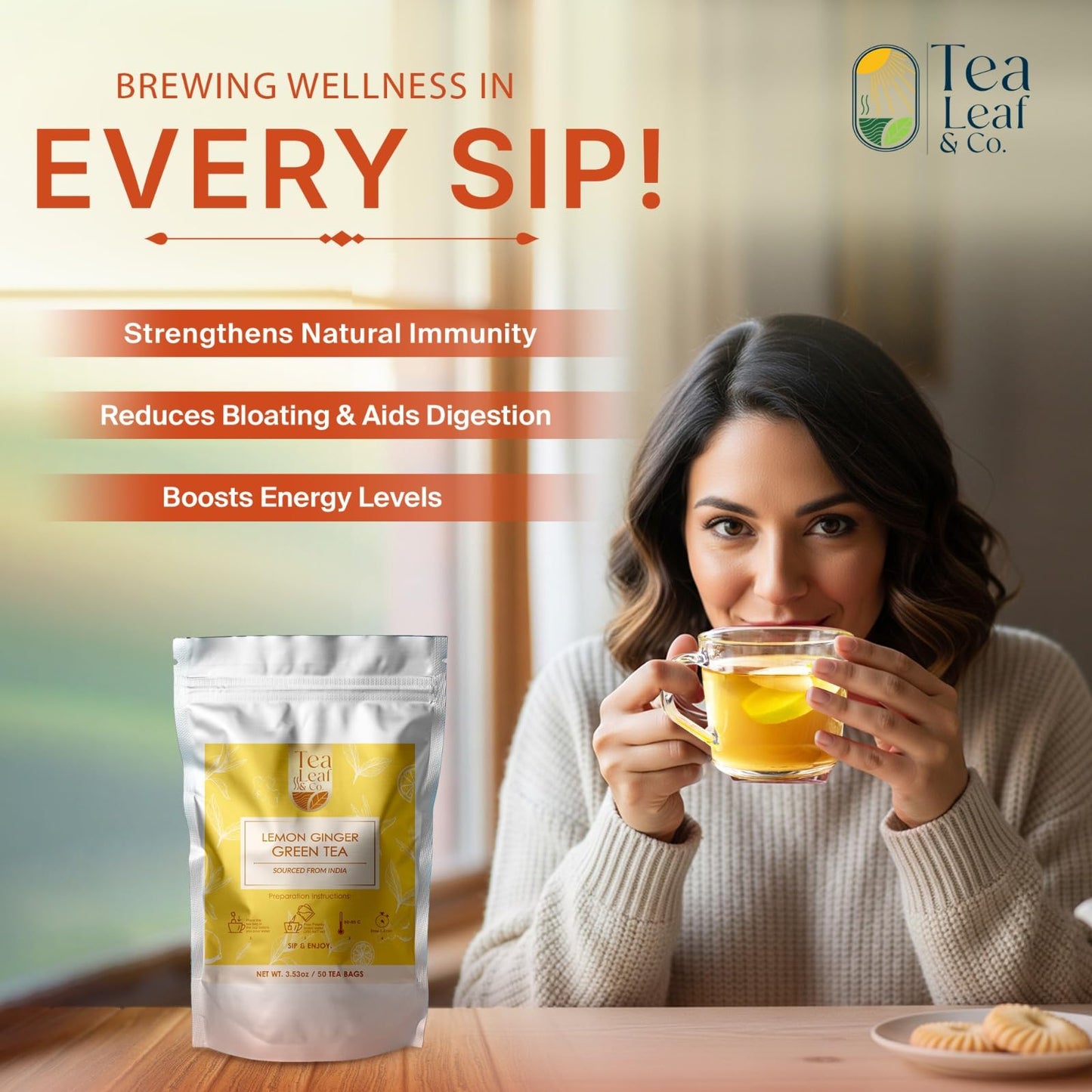 Tea Leaf & Co. Mint Green Tea Bags (50), Green Tea w/ Peppermint & Spearmint, Caffeinated, Real & Natural Green Tea, Blended with Fresh Herbs & Spices