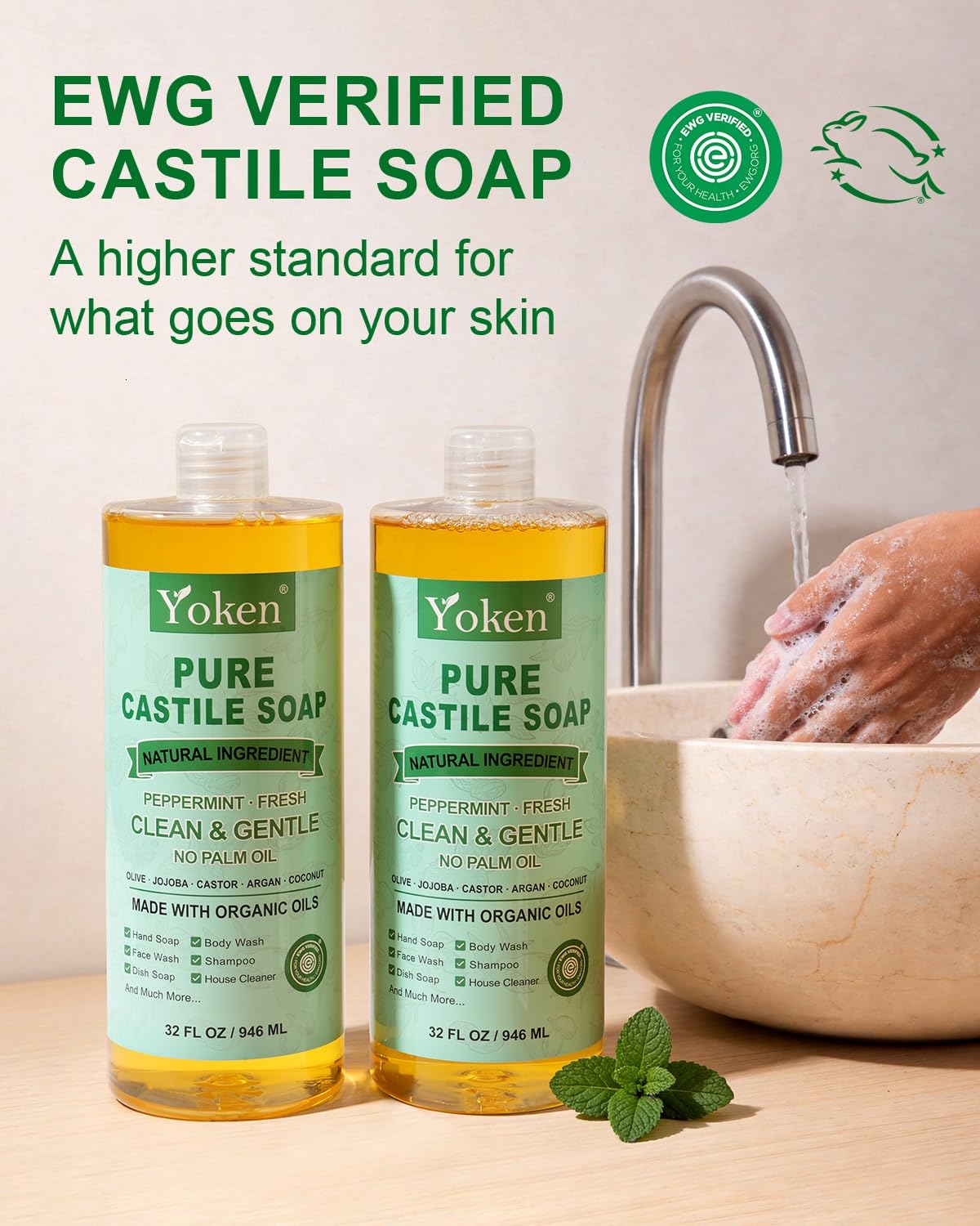 Yoken Peppermint Castile Soap Liquid (EWG Verified, 32 OZ) Made with Certified Organic Oils, Gentle Peppermint Soap for Body Wash, Face, Hands, Dishes, Laundry & More, Vegan Natural Versatile Cleanser