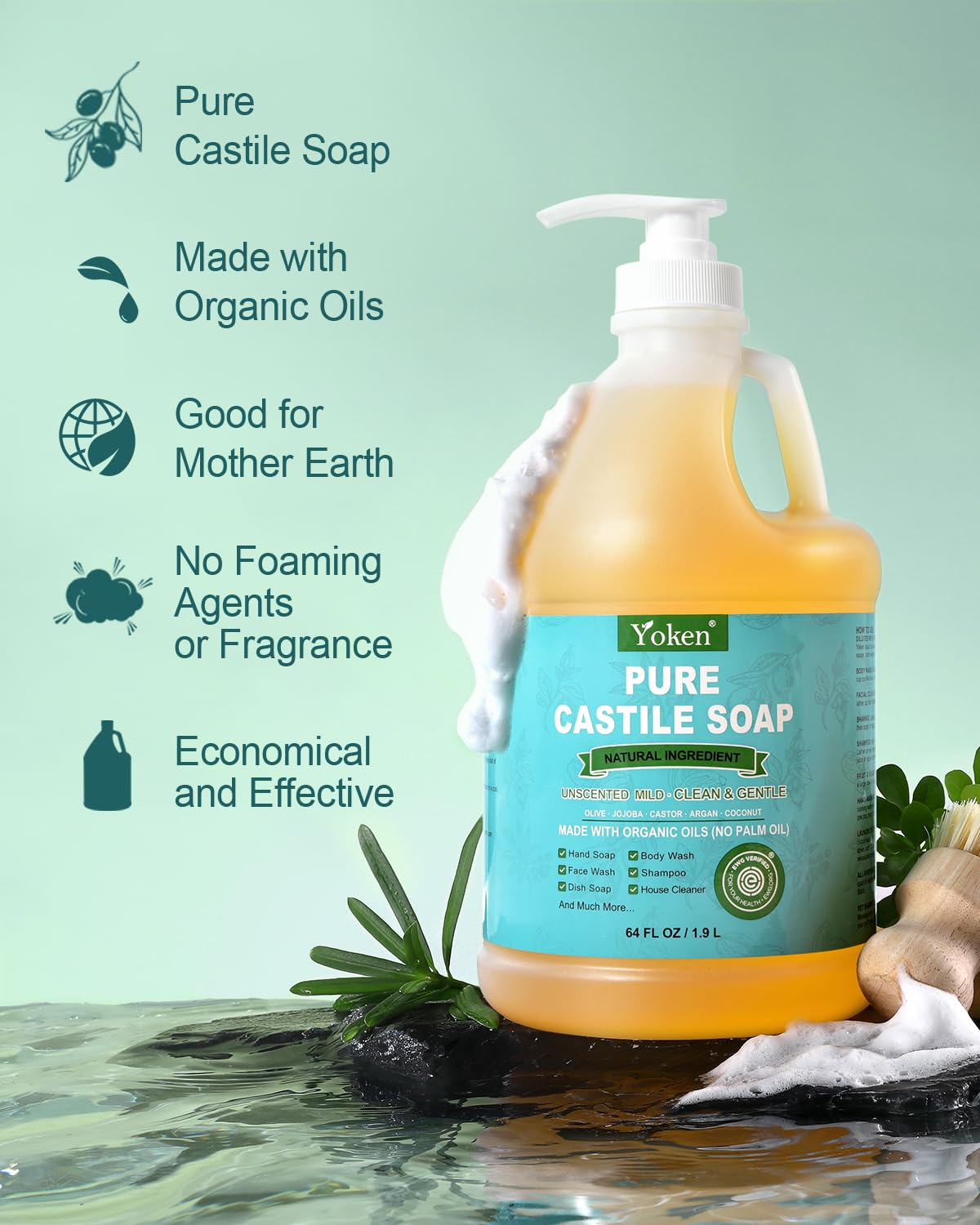 Yoken Peppermint Castile Soap Liquid (EWG Verified, 32 OZ) Made with Certified Organic Oils, Gentle Peppermint Soap for Body Wash, Face, Hands, Dishes, Laundry & More, Vegan Natural Versatile Cleanser
