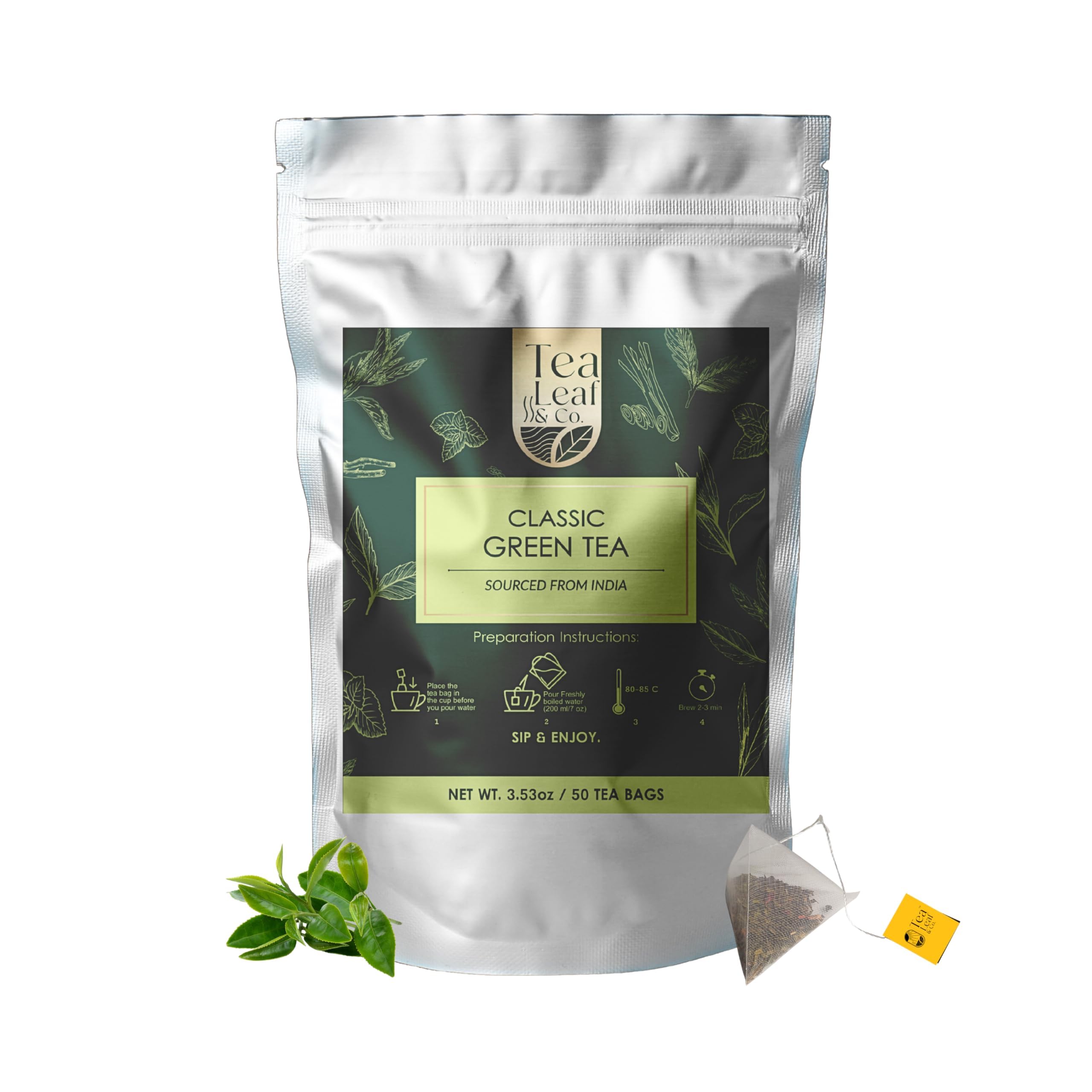 Tea Leaf & Co. Mint Green Tea Bags (50), Green Tea w/ Peppermint & Spearmint, Caffeinated, Real & Natural Green Tea, Blended with Fresh Herbs & Spices