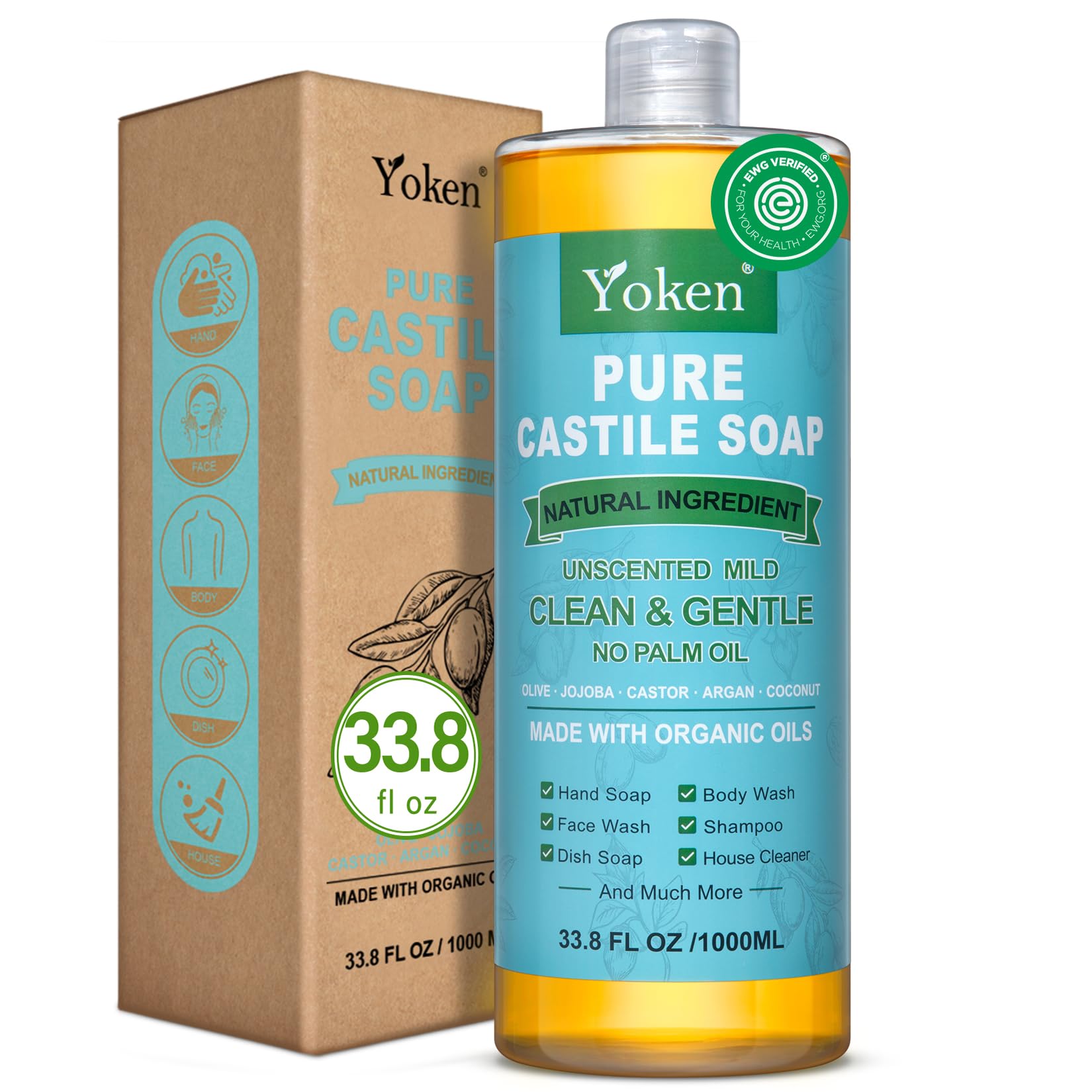 Yoken Peppermint Castile Soap Liquid (EWG Verified, 32 OZ) Made with Certified Organic Oils, Gentle Peppermint Soap for Body Wash, Face, Hands, Dishes, Laundry & More, Vegan Natural Versatile Cleanser