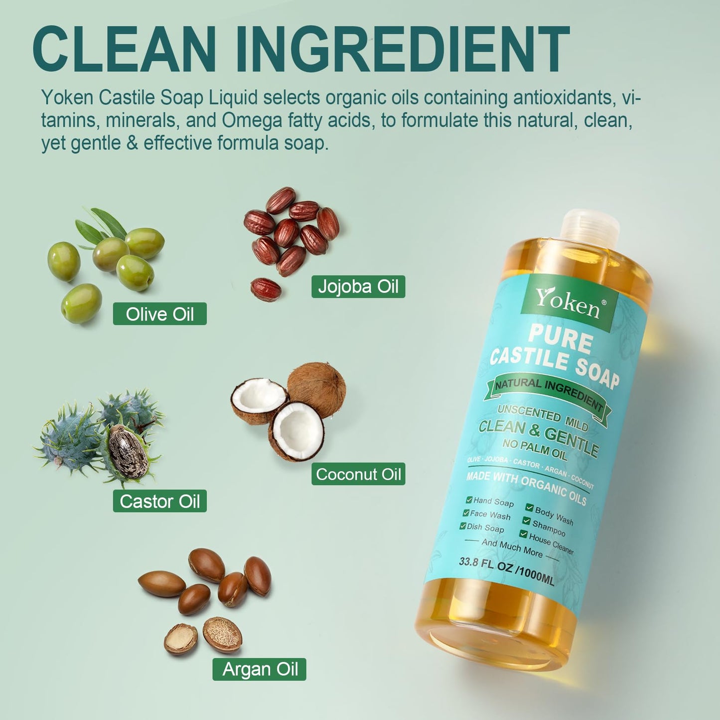 Yoken Peppermint Castile Soap Liquid (EWG Verified, 32 OZ) Made with Certified Organic Oils, Gentle Peppermint Soap for Body Wash, Face, Hands, Dishes, Laundry & More, Vegan Natural Versatile Cleanser