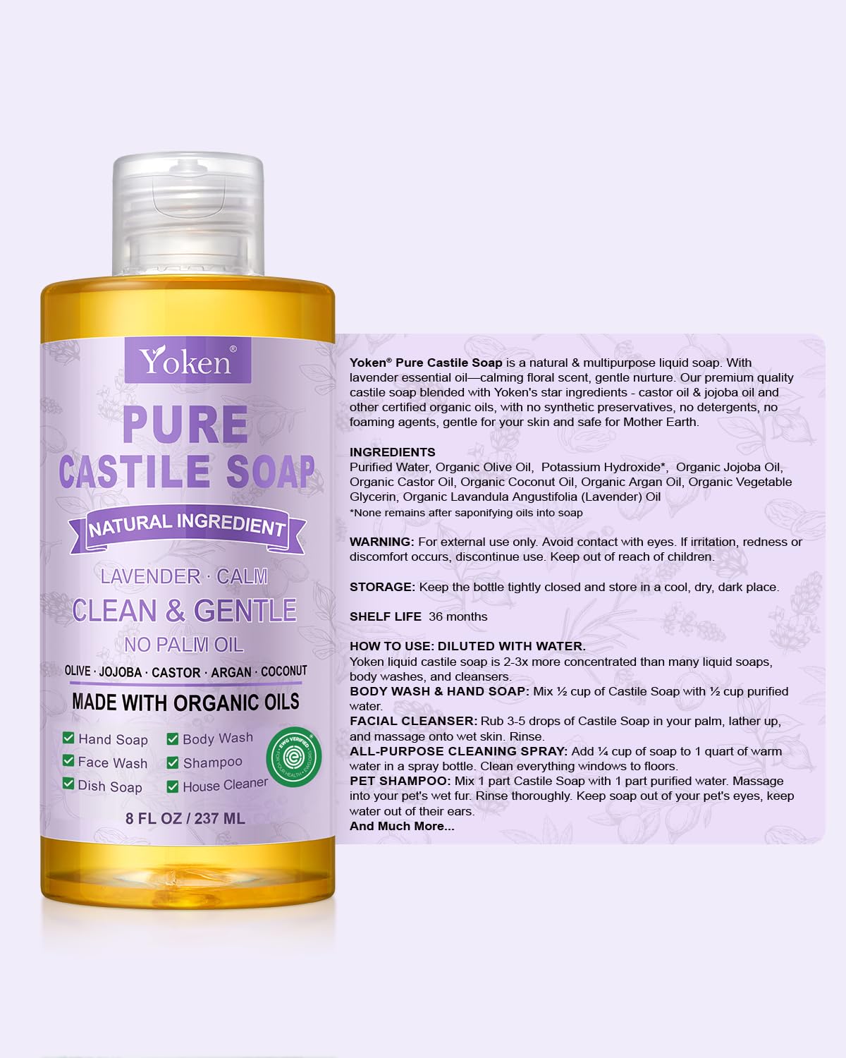 Yoken Peppermint Castile Soap Liquid (EWG Verified, 32 OZ) Made with Certified Organic Oils, Gentle Peppermint Soap for Body Wash, Face, Hands, Dishes, Laundry & More, Vegan Natural Versatile Cleanser