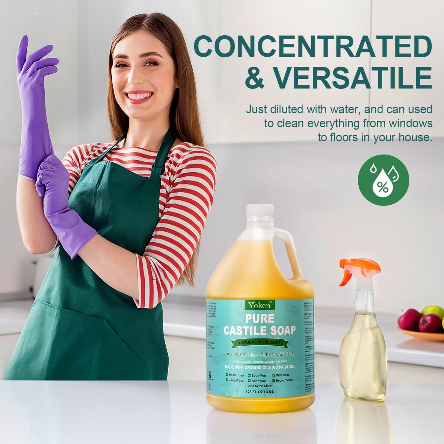 Yoken Peppermint Castile Soap Liquid (EWG Verified, 32 OZ) Made with Certified Organic Oils, Gentle Peppermint Soap for Body Wash, Face, Hands, Dishes, Laundry & More, Vegan Natural Versatile Cleanser