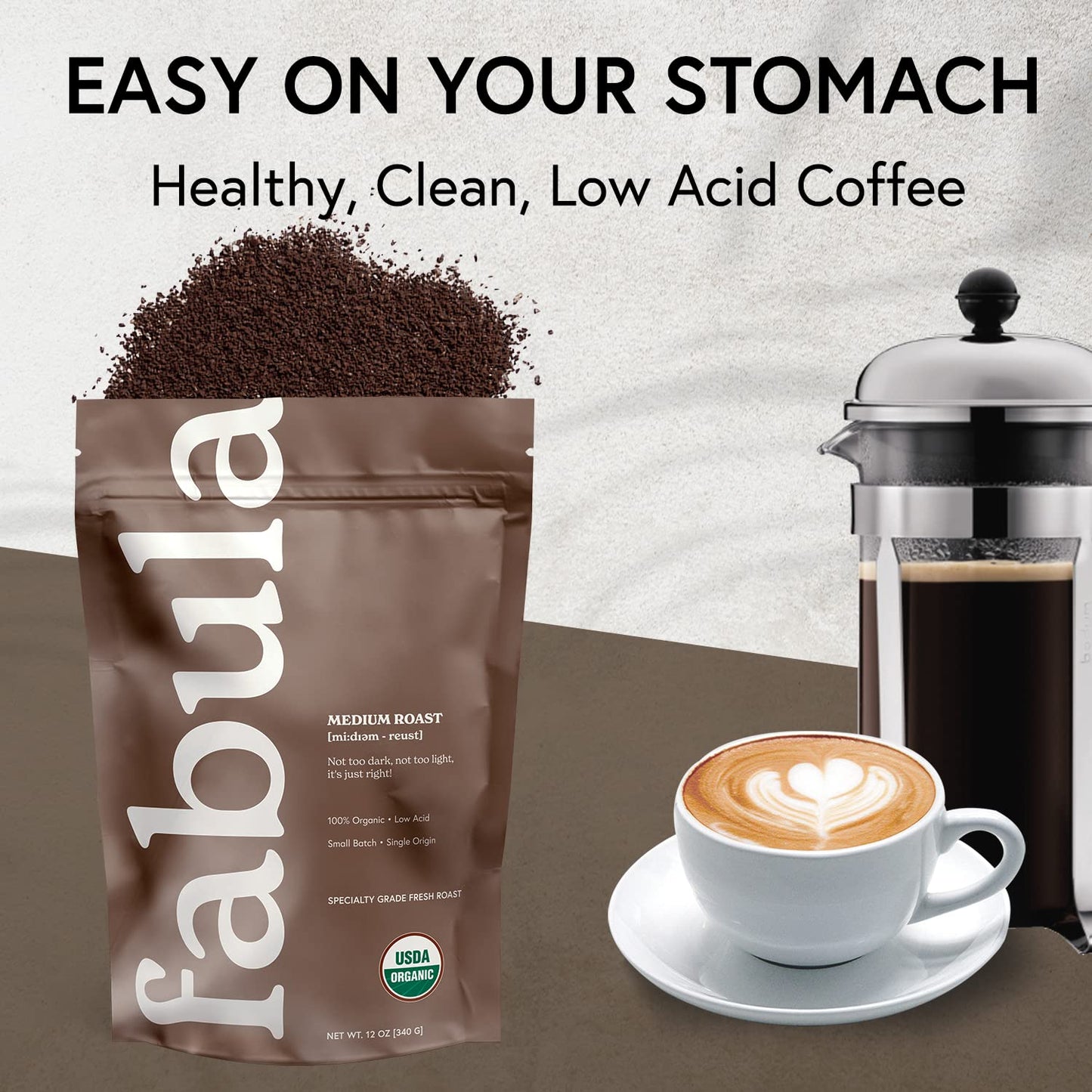 Fabula Low Acid Coffee, USDA Organic Ground Coffee Medium Roast - Non GMO - No Molds - Mycotoxins Pesticides Free - Single Origin Coffee - 12 oz