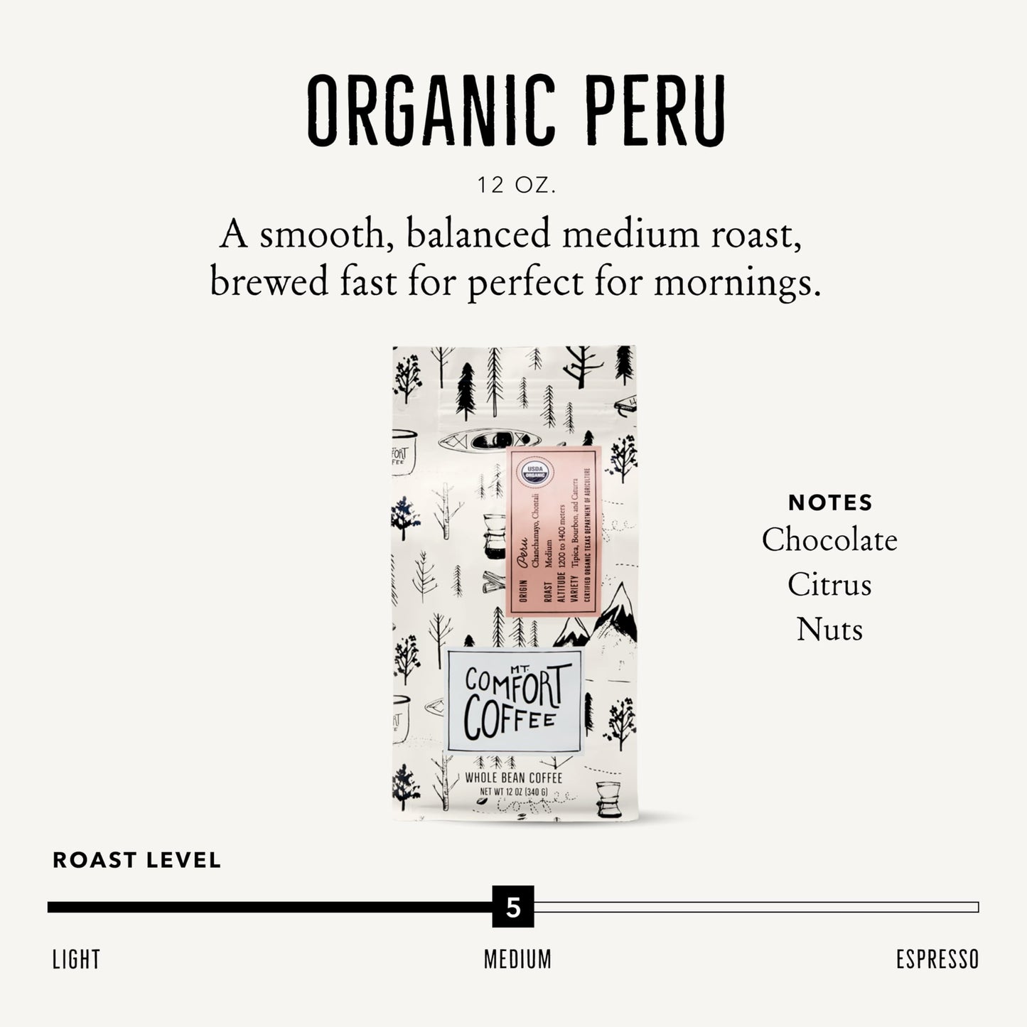 Mt. Comfort Coffee Organic Peru Medium Roast, 12 Ounce (Pack of 1) - Flavor Notes of Nutty, Chocolate, & Citrus - Sourced From Small, Peruvian Coffee Farms - Roasted Whole Beans