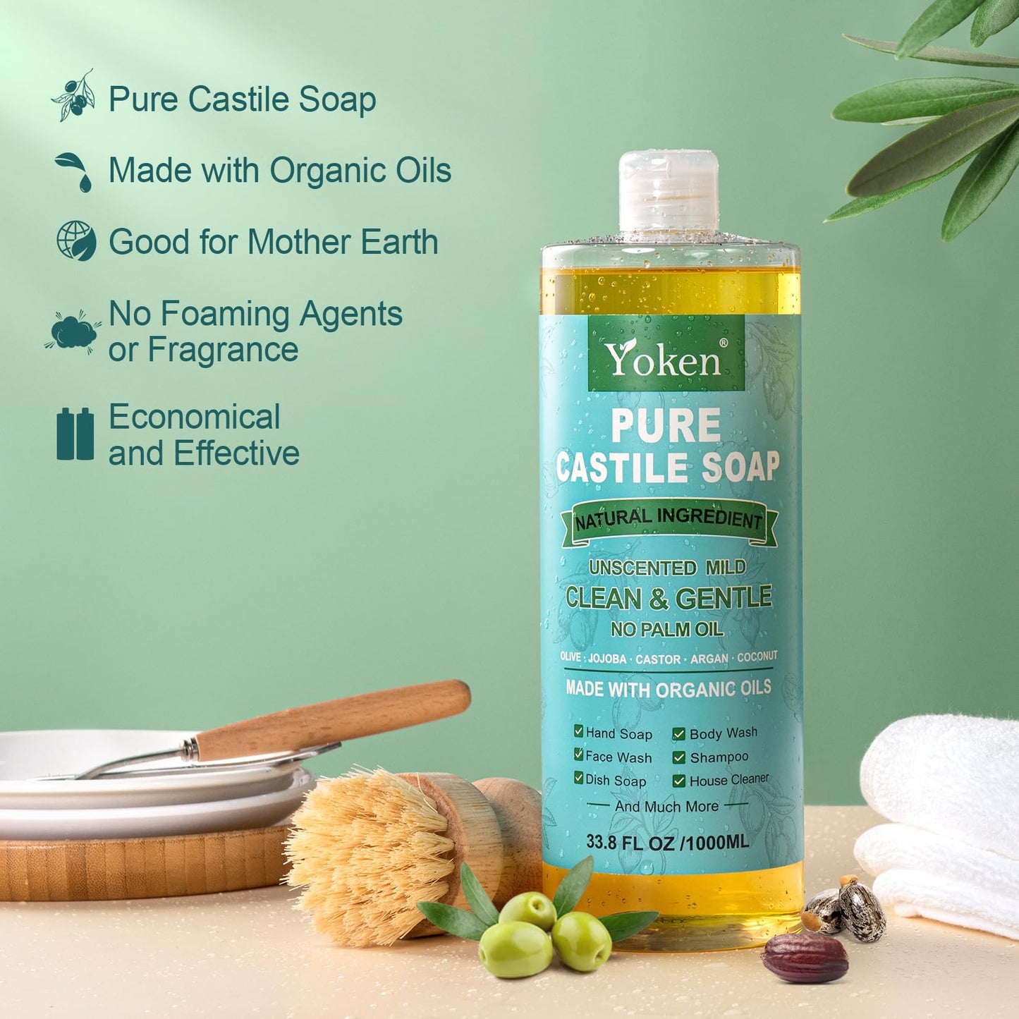 Yoken Peppermint Castile Soap Liquid (EWG Verified, 32 OZ) Made with Certified Organic Oils, Gentle Peppermint Soap for Body Wash, Face, Hands, Dishes, Laundry & More, Vegan Natural Versatile Cleanser