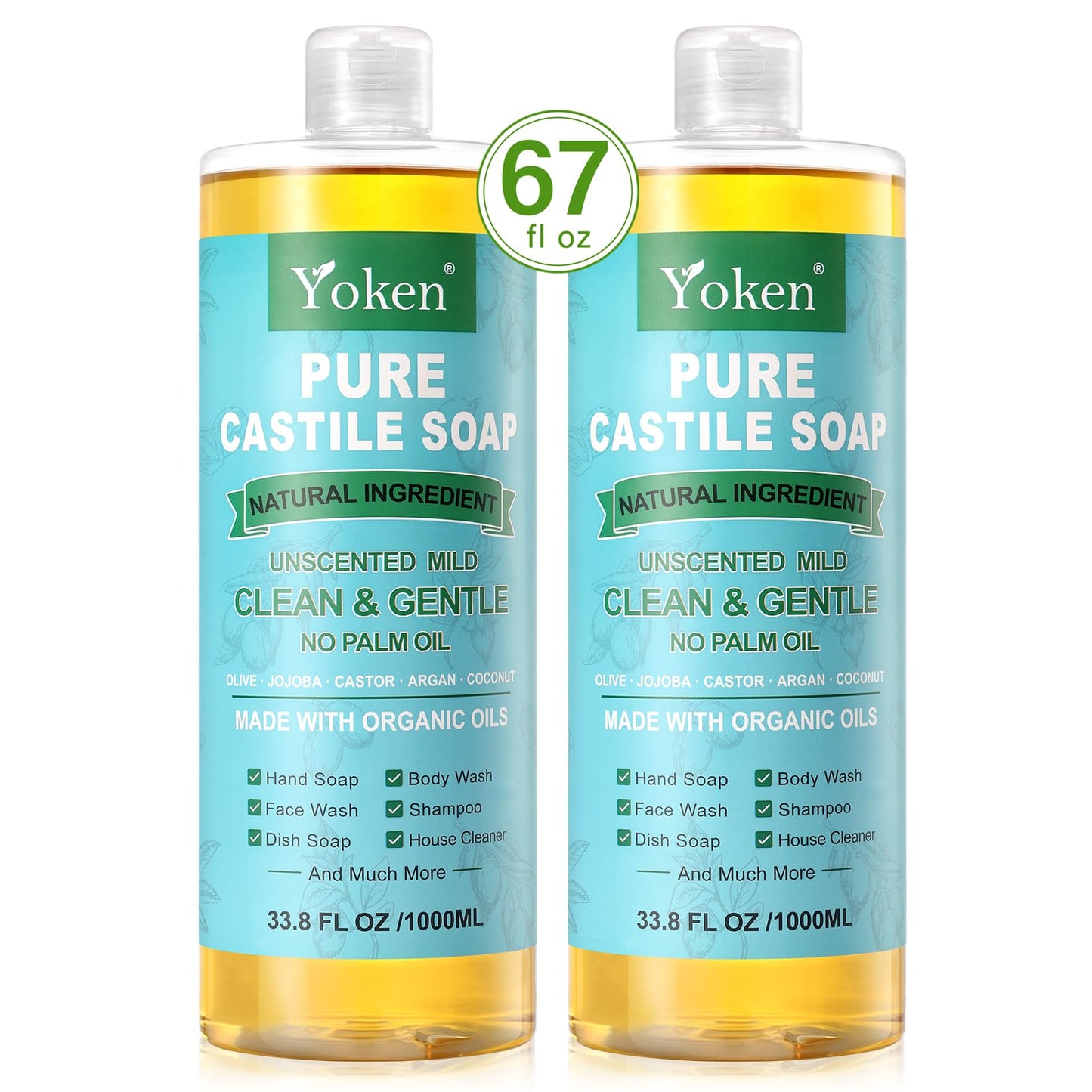 Yoken Peppermint Castile Soap Liquid (EWG Verified, 32 OZ) Made with Certified Organic Oils, Gentle Peppermint Soap for Body Wash, Face, Hands, Dishes, Laundry & More, Vegan Natural Versatile Cleanser