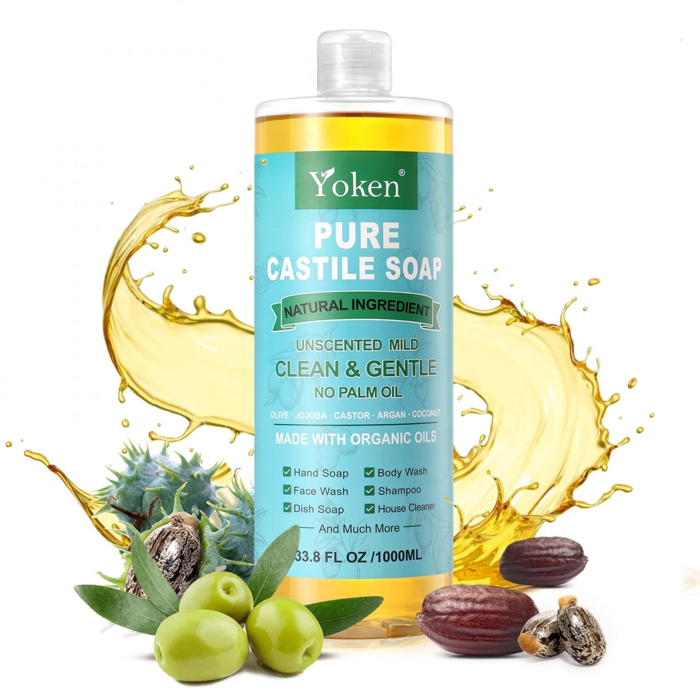 Yoken Peppermint Castile Soap Liquid (EWG Verified, 32 OZ) Made with Certified Organic Oils, Gentle Peppermint Soap for Body Wash, Face, Hands, Dishes, Laundry & More, Vegan Natural Versatile Cleanser