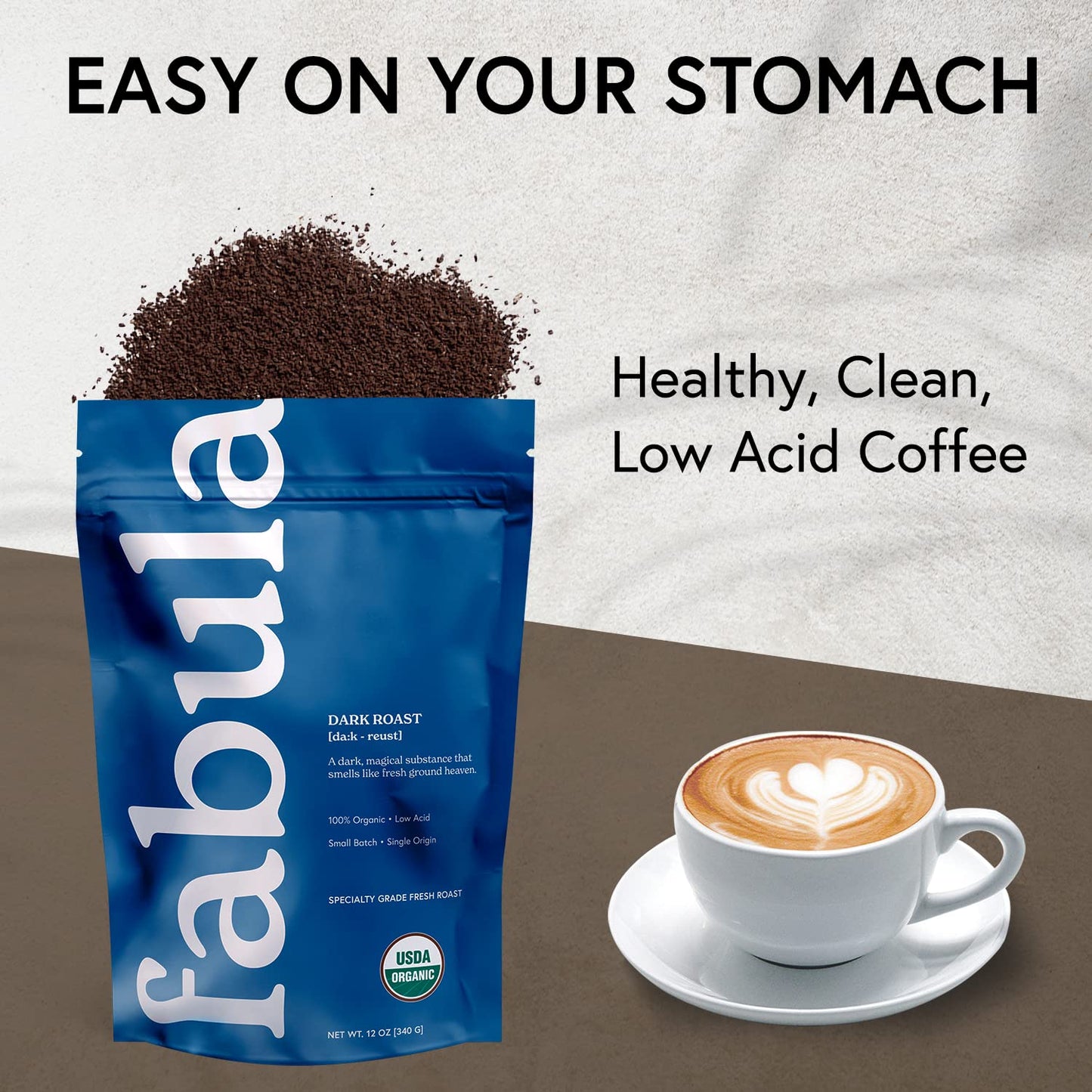 Fabula Low Acid Coffee, USDA Organic Ground Coffee Medium Roast - Non GMO - No Molds - Mycotoxins Pesticides Free - Single Origin Coffee - 12 oz