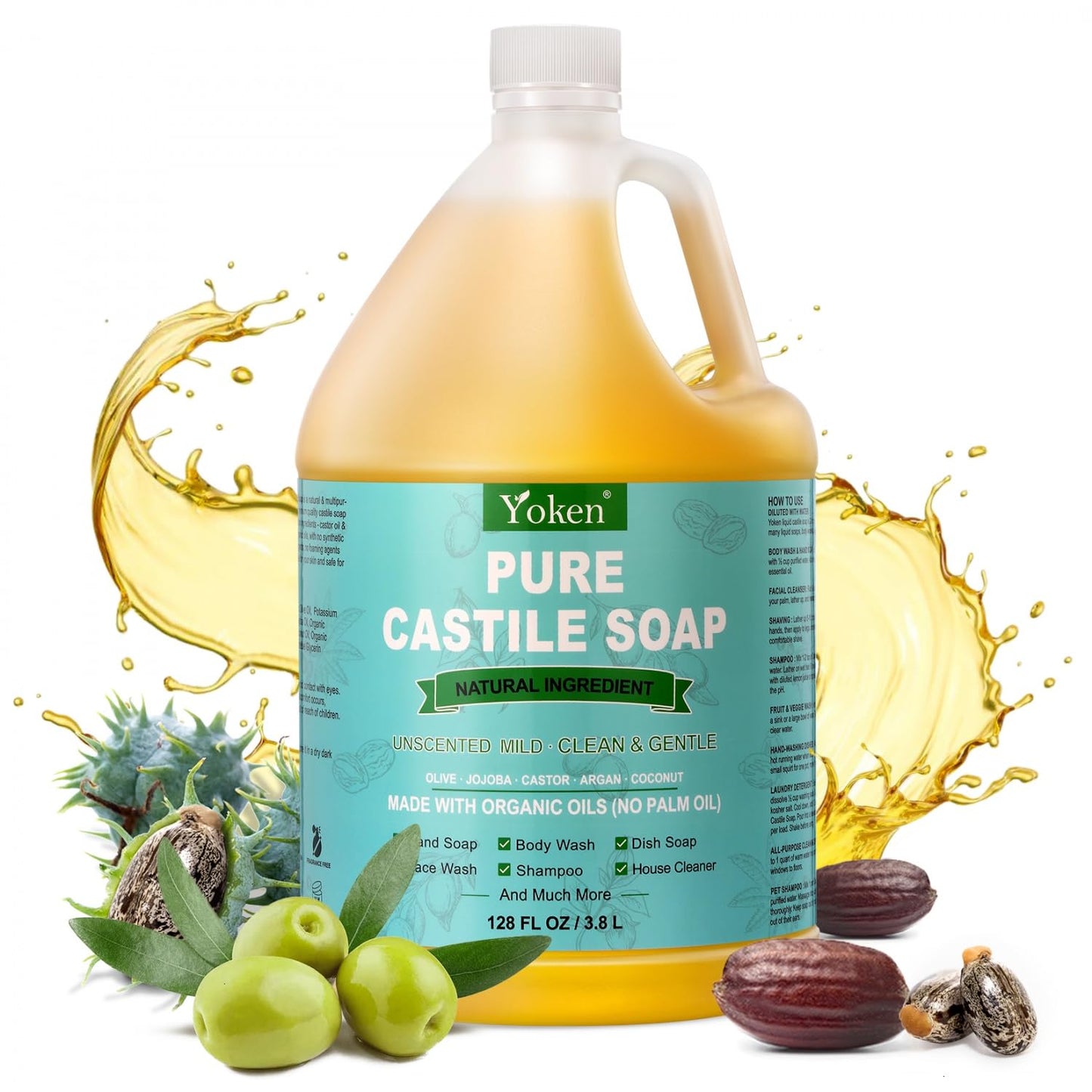 Yoken Peppermint Castile Soap Liquid (EWG Verified, 32 OZ) Made with Certified Organic Oils, Gentle Peppermint Soap for Body Wash, Face, Hands, Dishes, Laundry & More, Vegan Natural Versatile Cleanser