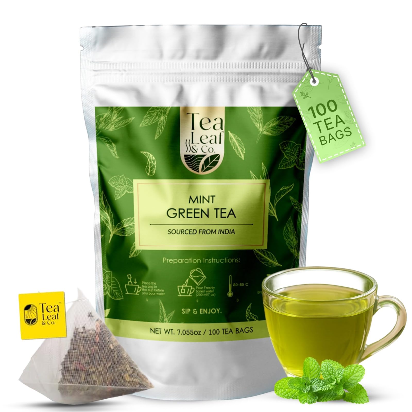 Tea Leaf & Co. Mint Green Tea Bags (50), Green Tea w/ Peppermint & Spearmint, Caffeinated, Real & Natural Green Tea, Blended with Fresh Herbs & Spices