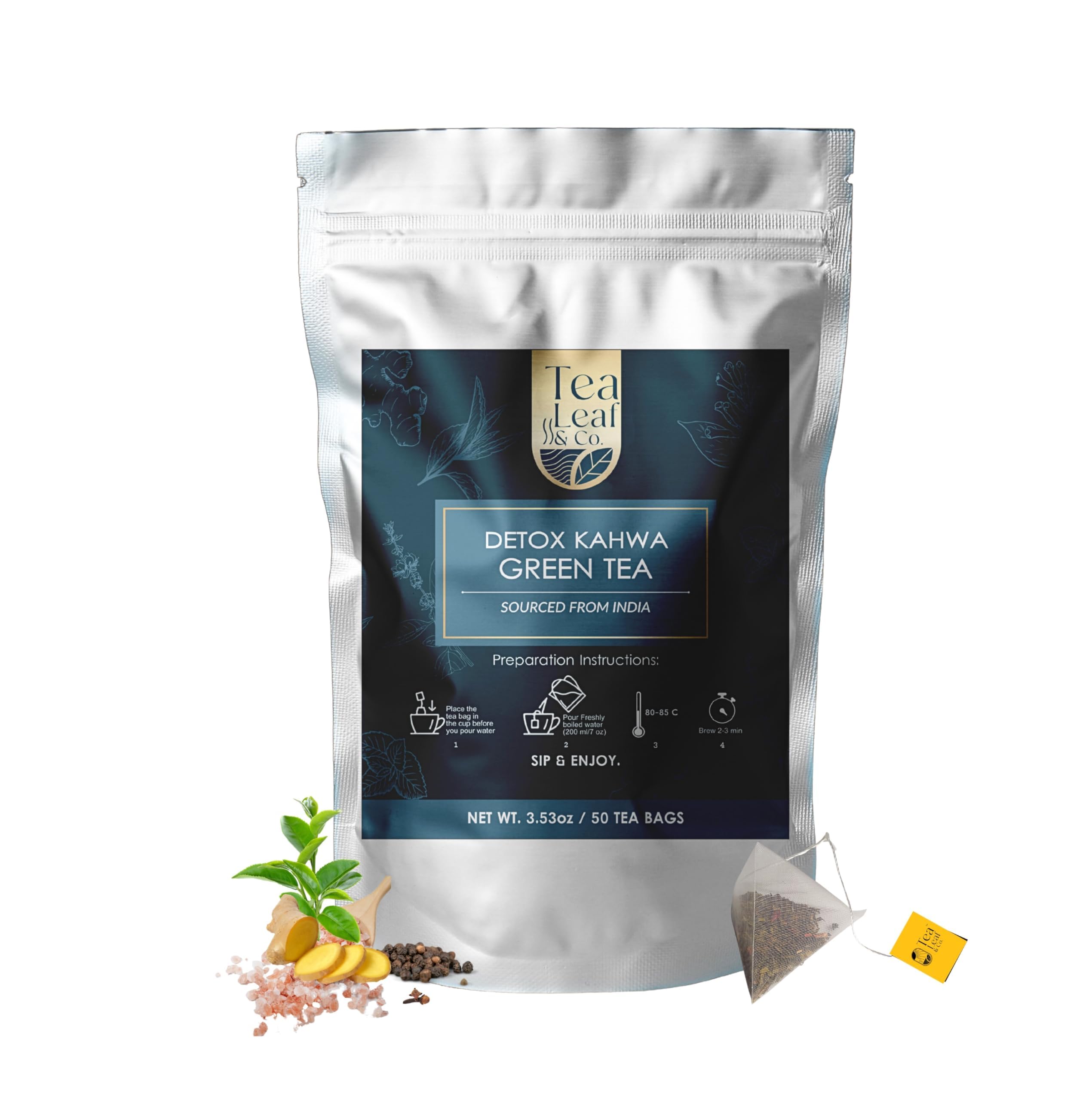Tea Leaf & Co. Mint Green Tea Bags (50), Green Tea w/ Peppermint & Spearmint, Caffeinated, Real & Natural Green Tea, Blended with Fresh Herbs & Spices