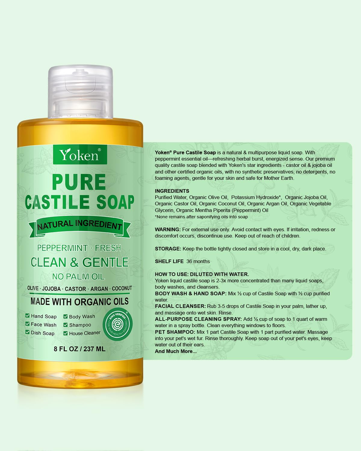 Yoken Peppermint Castile Soap Liquid (EWG Verified, 32 OZ) Made with Certified Organic Oils, Gentle Peppermint Soap for Body Wash, Face, Hands, Dishes, Laundry & More, Vegan Natural Versatile Cleanser