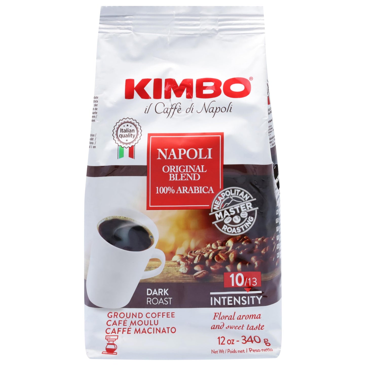 Kimbo Napoli Original Blend 100% Arabica Ground Coffee | 10/13 Intensity | Dark Roast with Floral & Sweet Flavor | 12 oz (340g) bag