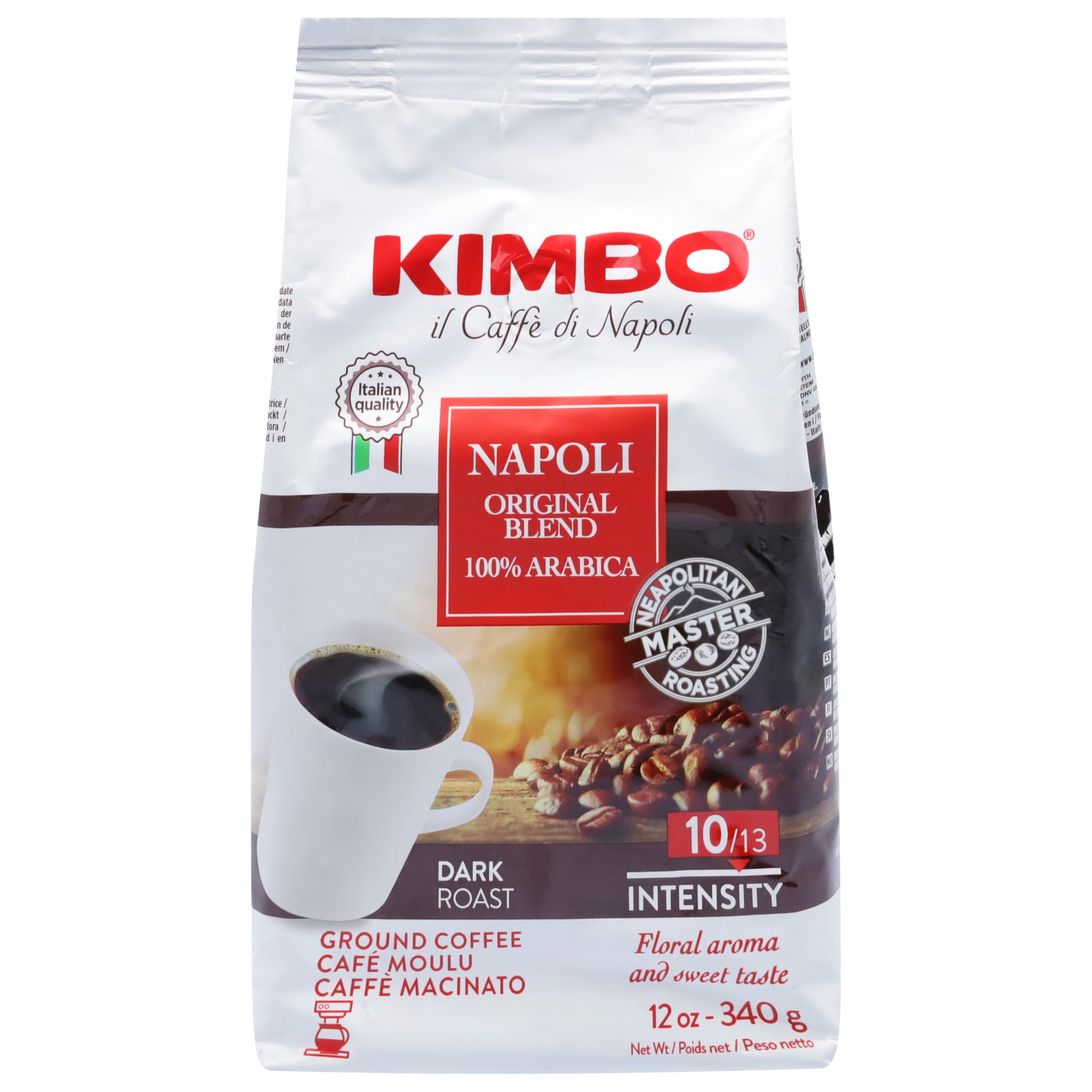Kimbo Napoli Original Blend 100% Arabica Ground Coffee | 10/13 Intensity | Dark Roast with Floral & Sweet Flavor | 12 oz (340g) bag