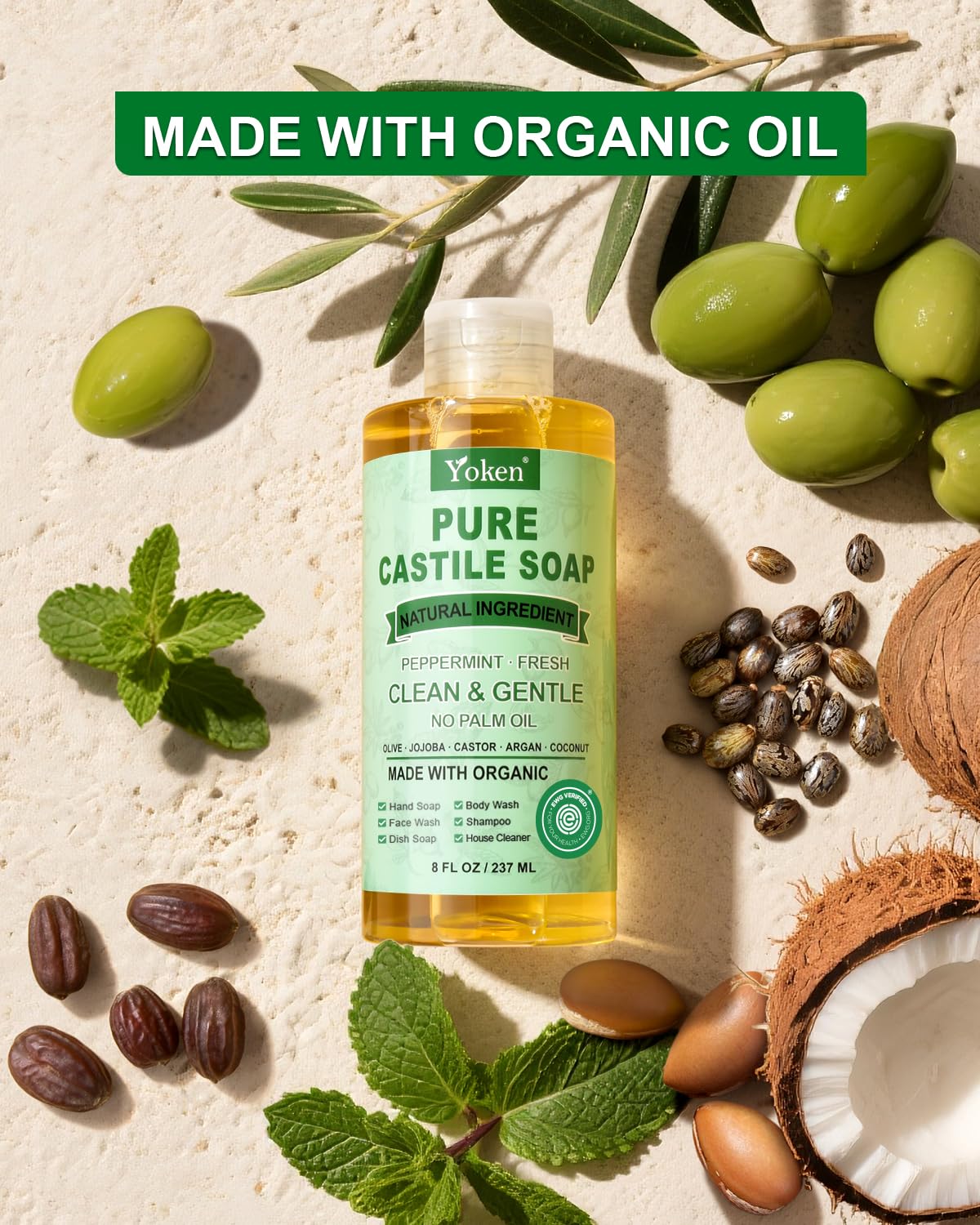 Yoken Peppermint Castile Soap Liquid (EWG Verified, 32 OZ) Made with Certified Organic Oils, Gentle Peppermint Soap for Body Wash, Face, Hands, Dishes, Laundry & More, Vegan Natural Versatile Cleanser