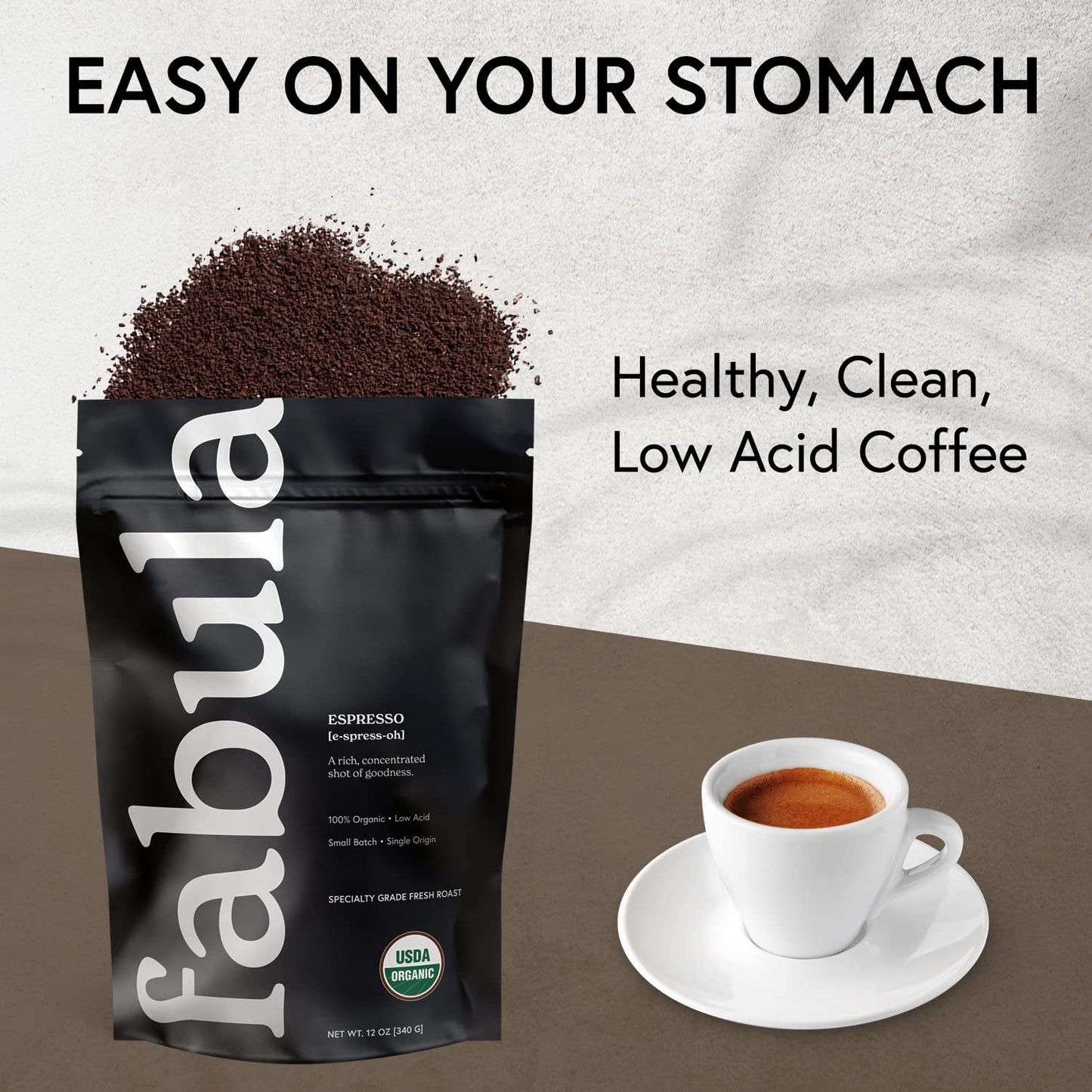 Fabula Low Acid Coffee, USDA Organic Ground Coffee Medium Roast - Non GMO - No Molds - Mycotoxins Pesticides Free - Single Origin Coffee - 12 oz