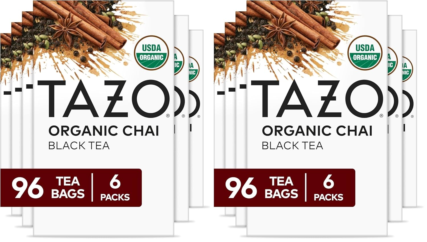 TAZO Organic Chai Black Tea Bags, Blend of Black Teas, Ginger, Cinnamon, Black Pepper & Cardamom, 96 Total Tea Bags (16ct - Pack of 6)