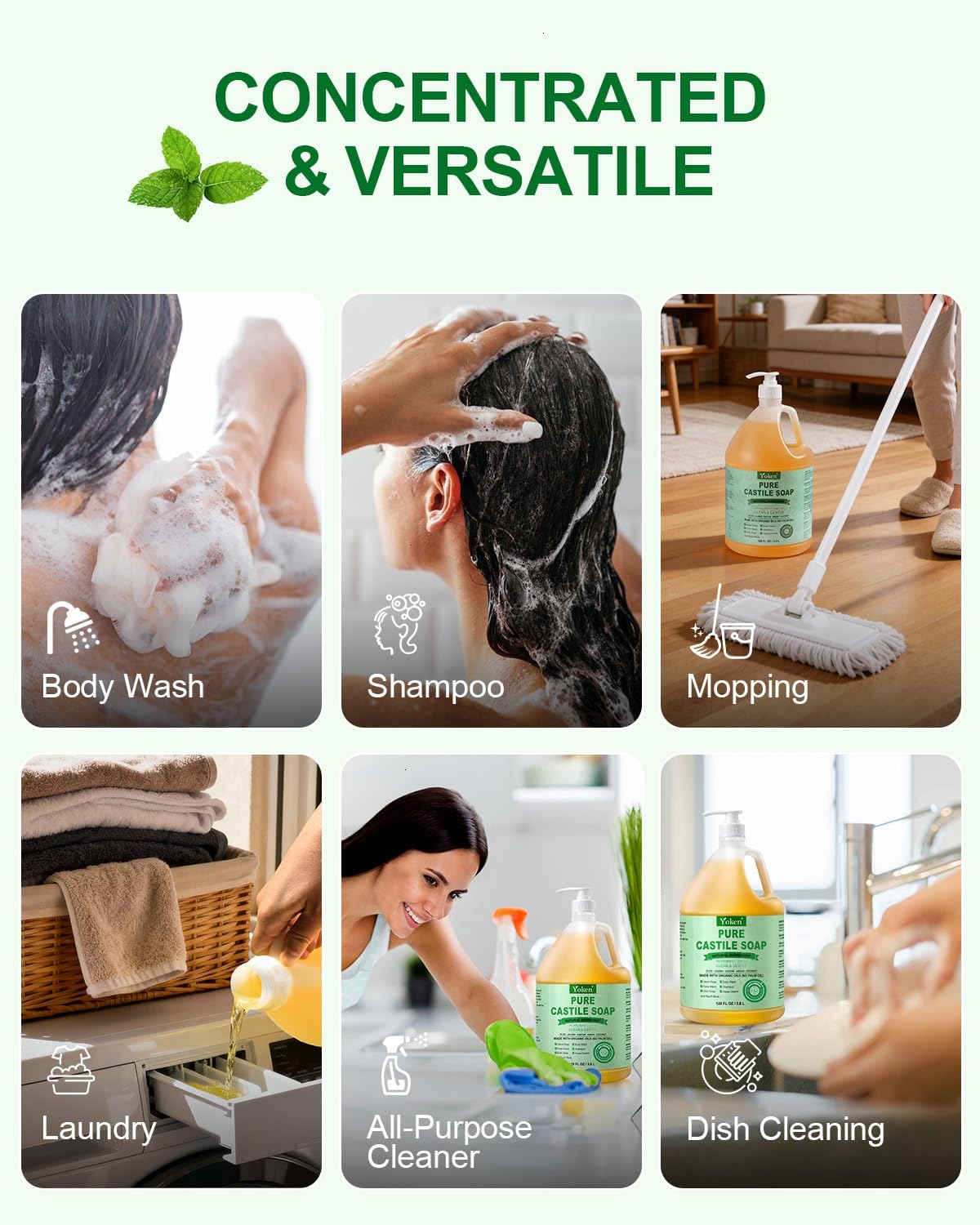 Yoken Peppermint Castile Soap Liquid (EWG Verified, 32 OZ) Made with Certified Organic Oils, Gentle Peppermint Soap for Body Wash, Face, Hands, Dishes, Laundry & More, Vegan Natural Versatile Cleanser