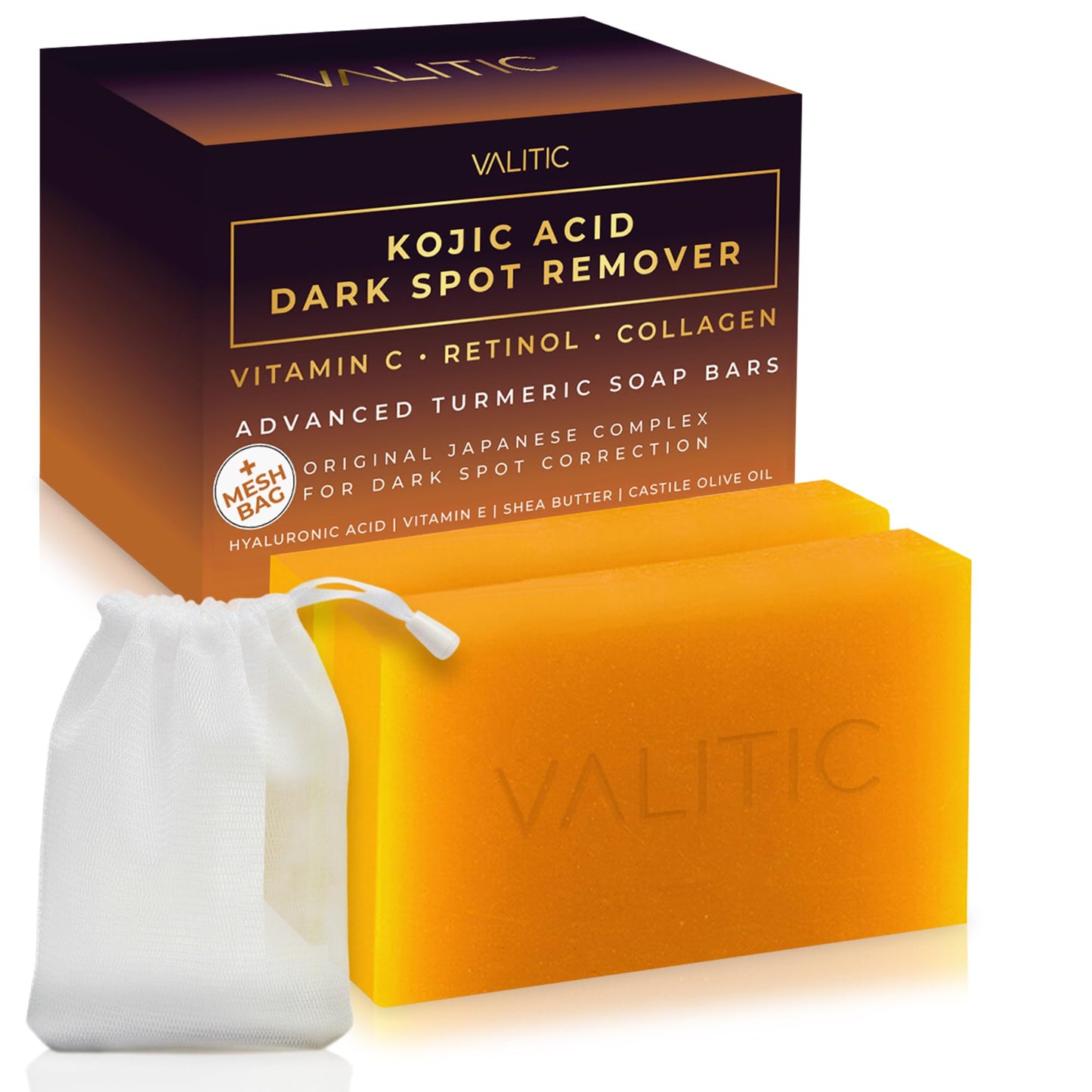Valitic Kojic Acid Dark Spot Remover Soap Bar with Vitamin C, Retinol, Collagen, Turmeric - Original Japanese Complex - Hyaluronic Acid, Vitamin E, Shea Butter, Castile Oil ( 4 Pack ) With Soap Holder