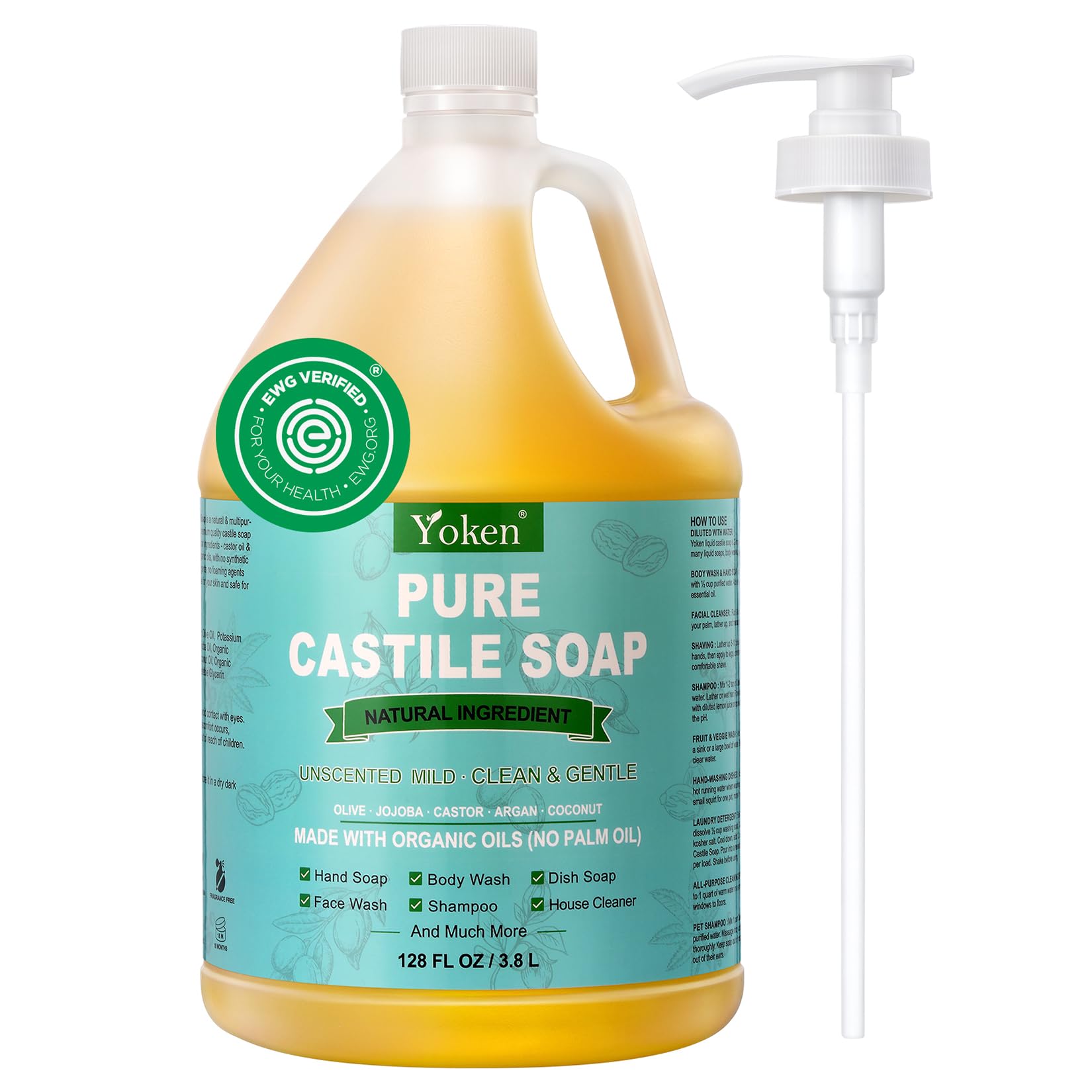 Yoken Peppermint Castile Soap Liquid (EWG Verified, 32 OZ) Made with Certified Organic Oils, Gentle Peppermint Soap for Body Wash, Face, Hands, Dishes, Laundry & More, Vegan Natural Versatile Cleanser
