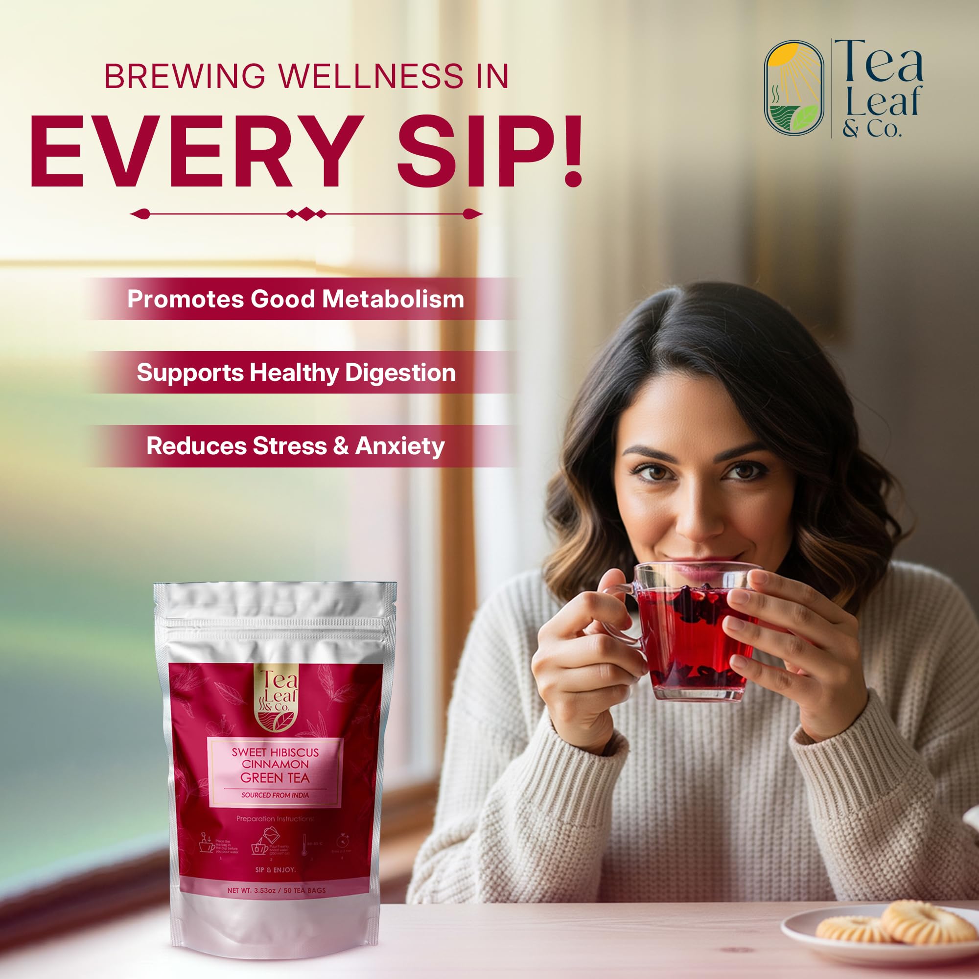 Tea Leaf & Co. Mint Green Tea Bags (50), Green Tea w/ Peppermint & Spearmint, Caffeinated, Real & Natural Green Tea, Blended with Fresh Herbs & Spices