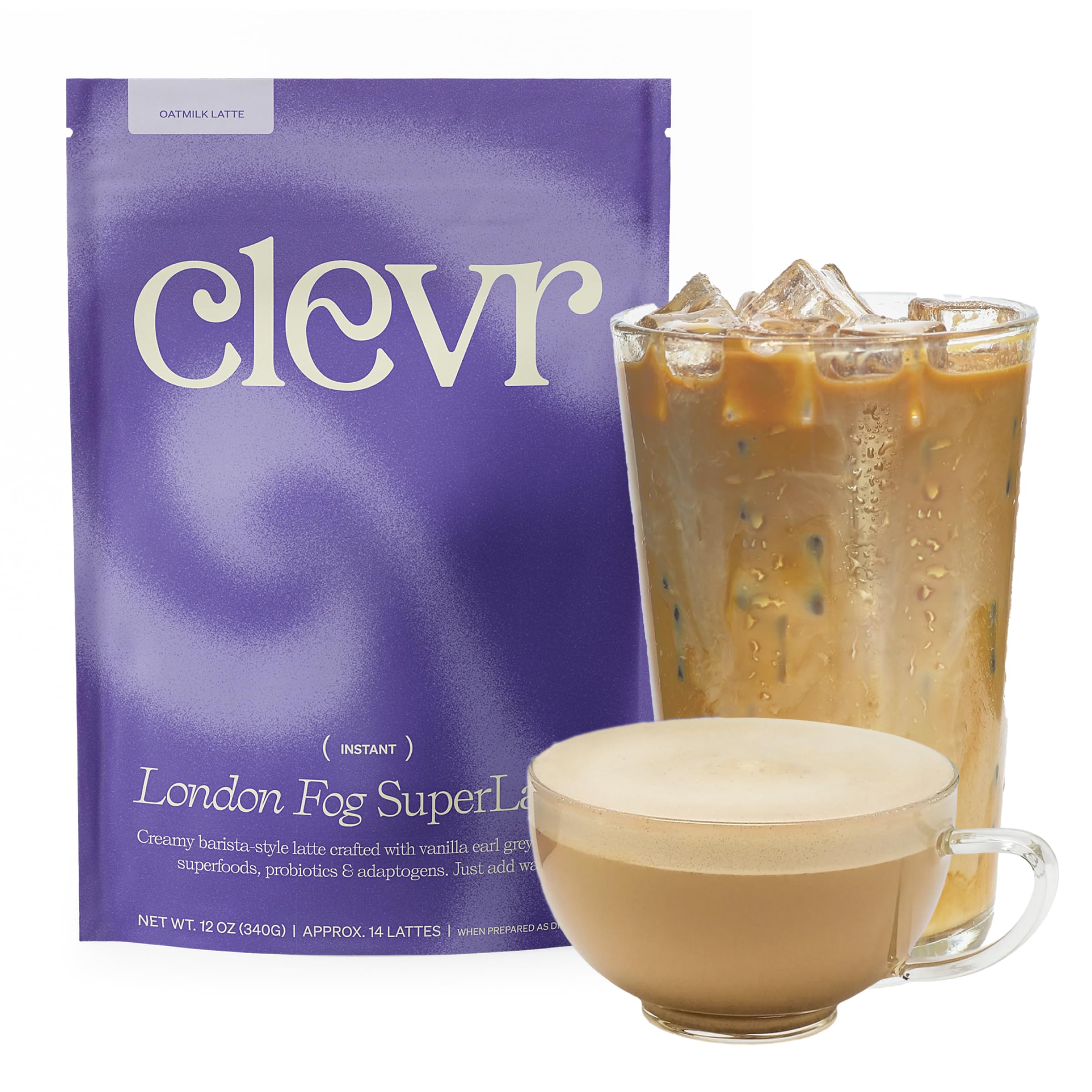 Clevr London Fog Latte, Vegan, Earl Grey Instant Tea Mix, Superfood Powder Blend with Black Tea, Reishi Mushroom, Organic Spices, Coconut Cream, Ashwagandha, Serve Hot or Iced, 12 oz