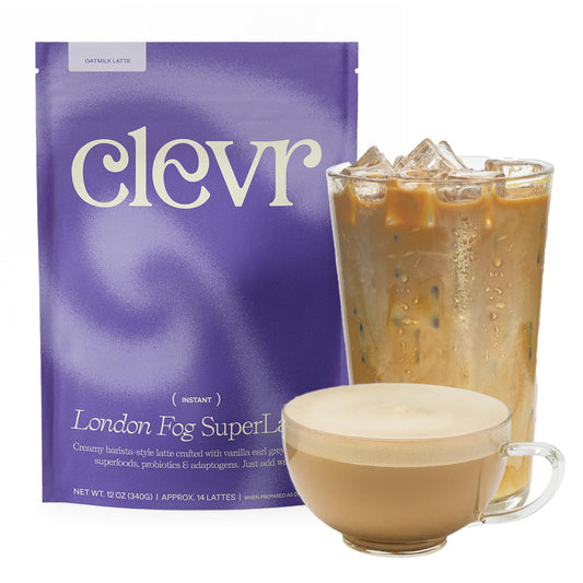 Clevr London Fog Latte, Vegan, Earl Grey Instant Tea Mix, Superfood Powder Blend with Black Tea, Reishi Mushroom, Organic Spices, Coconut Cream, Ashwagandha, Serve Hot or Iced, 12 oz