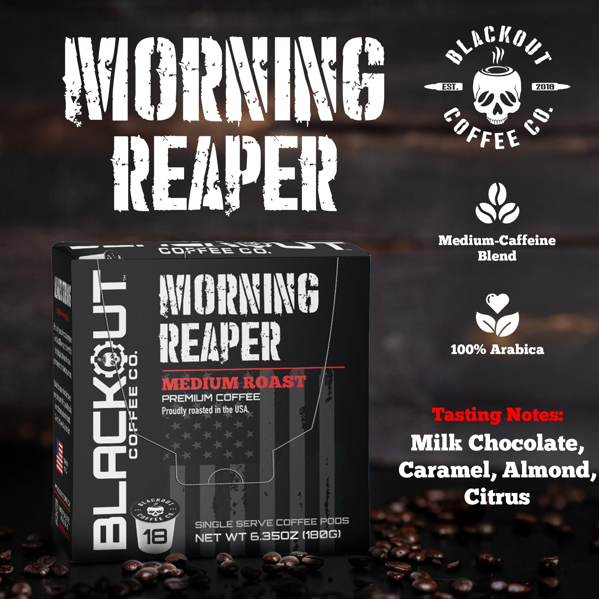 Blackout Coffee Morning Reaper Ground Coffee – Medium Roast, Bold & Strong Flavor – Freshly Roasted 12oz Bag.